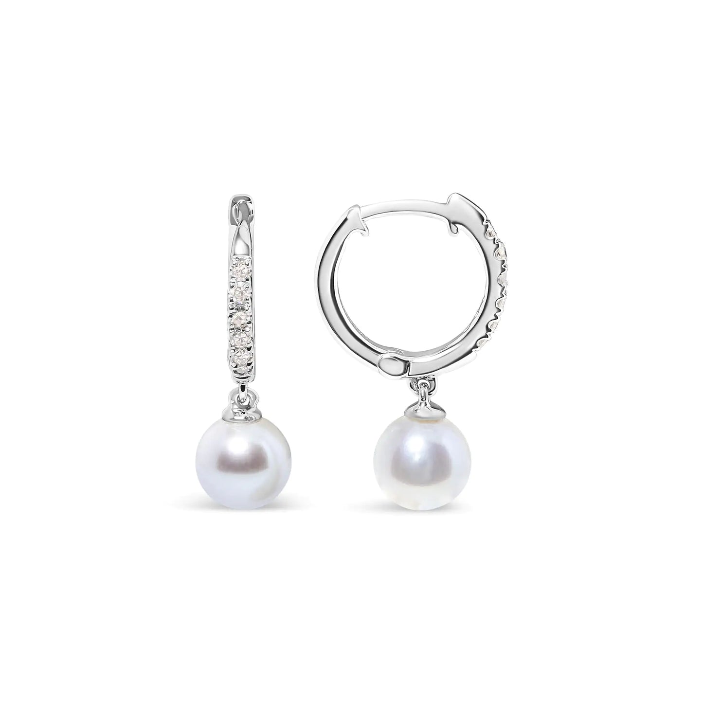 10K White Gold 6x6 MM Cultured Freshwater Pearl and Diamond Accent Drop Huggy Earring (H-I Color, I1-I2 Clarity) - Concordia Style Boutique