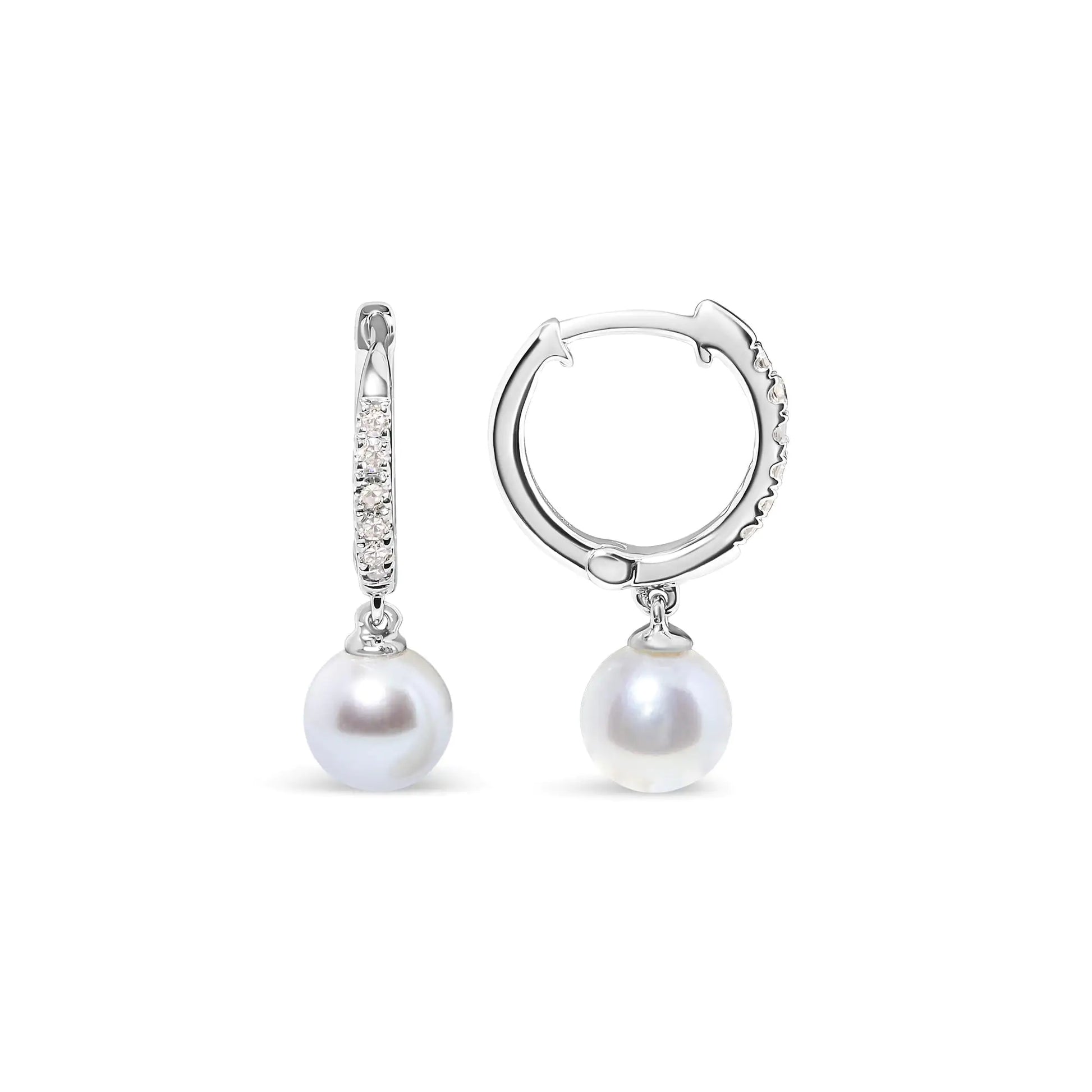 10K White Gold 6x6 MM Cultured Freshwater Pearl and Diamond Accent Drop Huggy Earring (H-I Color, I1-I2 Clarity) - Concordia Style Boutique