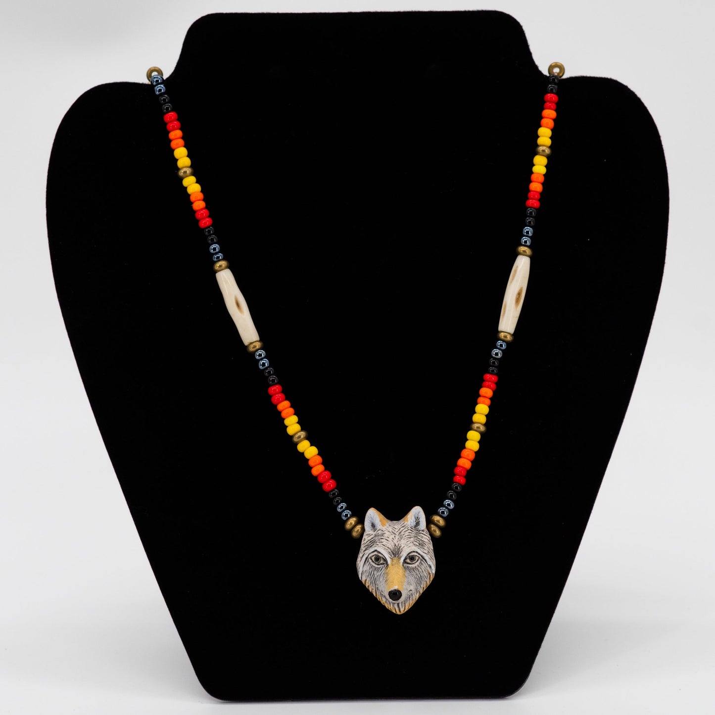 Colorful Beaded Necklace With Wolf Pendant | Handmade by Oglala Lakota Artist Frieda Big Road | #7