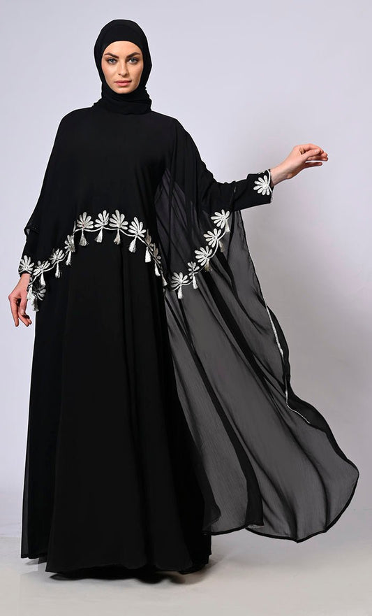 2 Pc Cape style Embroidered Black Abaya with Scalloped Edges