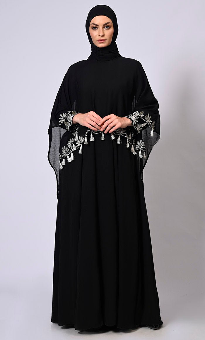 2 Pc Cape style Embroidered Black Abaya with Scalloped Edges