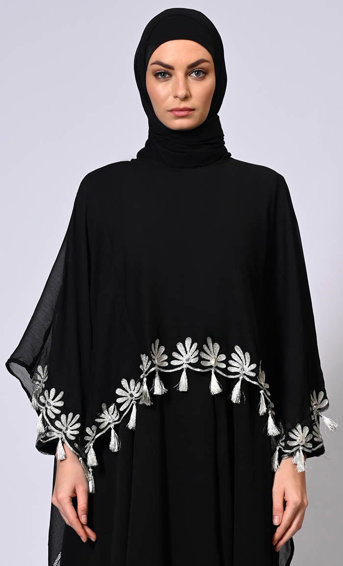 2 Pc Cape style Embroidered Black Abaya with Scalloped Edges