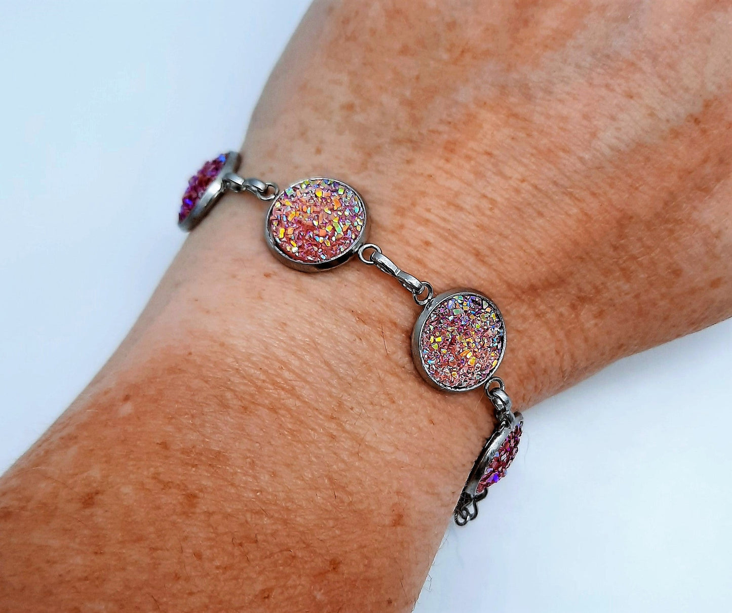 Iridescent Druzy Stone Link Bracelet