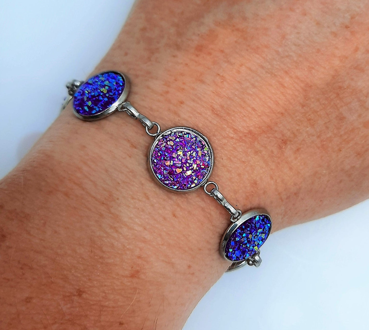 Iridescent Druzy Stone Link Bracelet