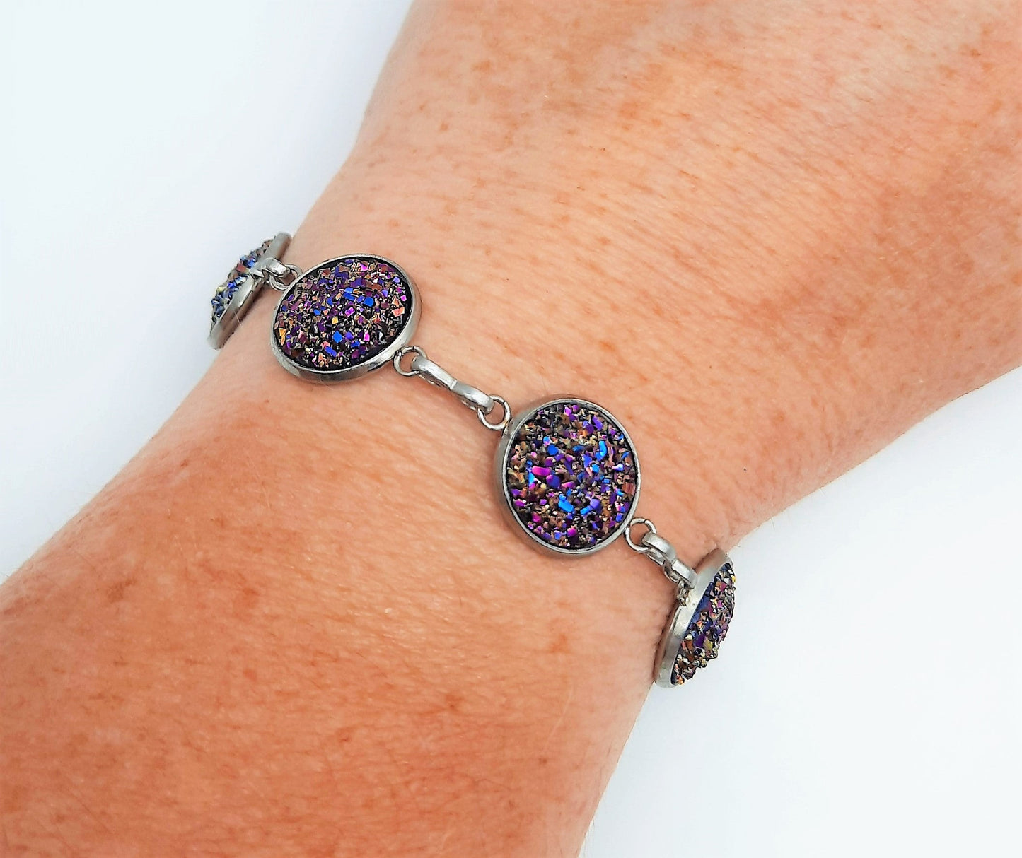 Iridescent Druzy Stone Link Bracelet