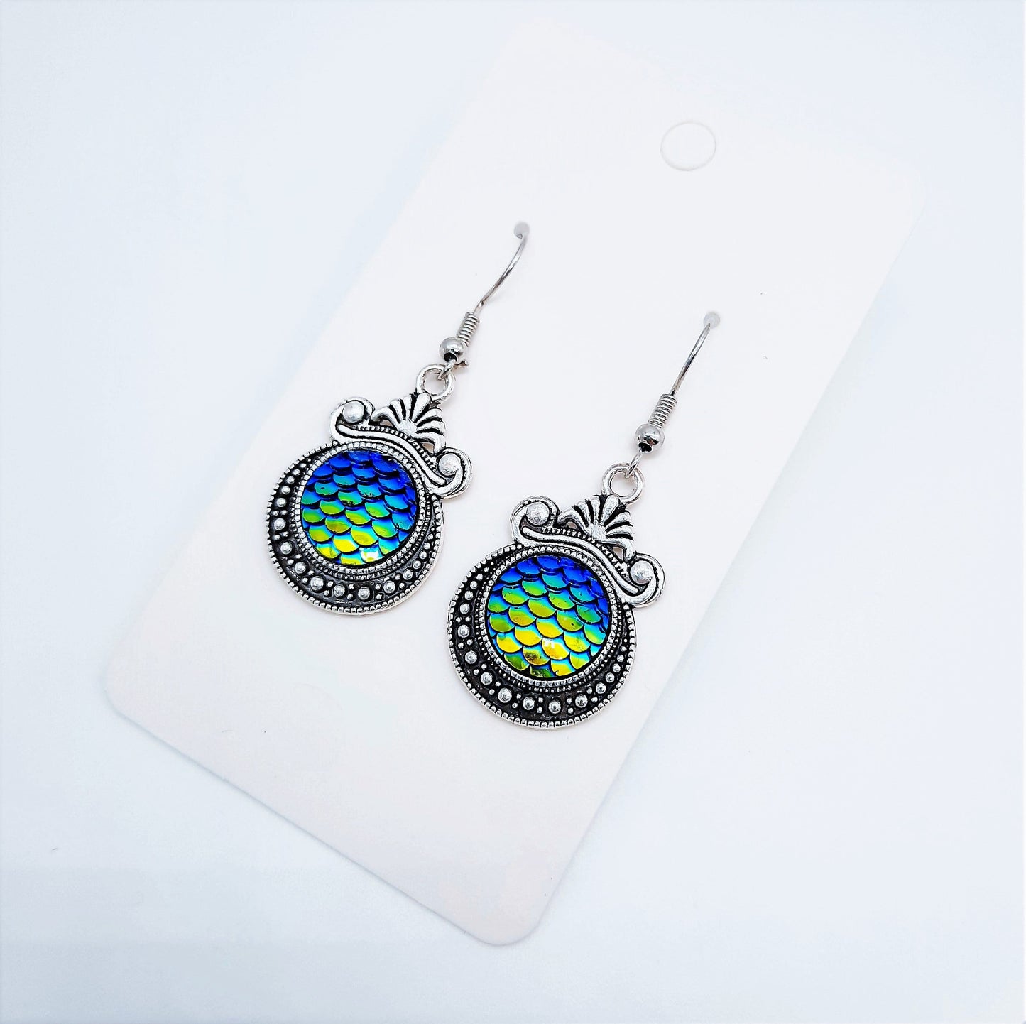Iridescent Mermaid Scale Tibetan Earrings