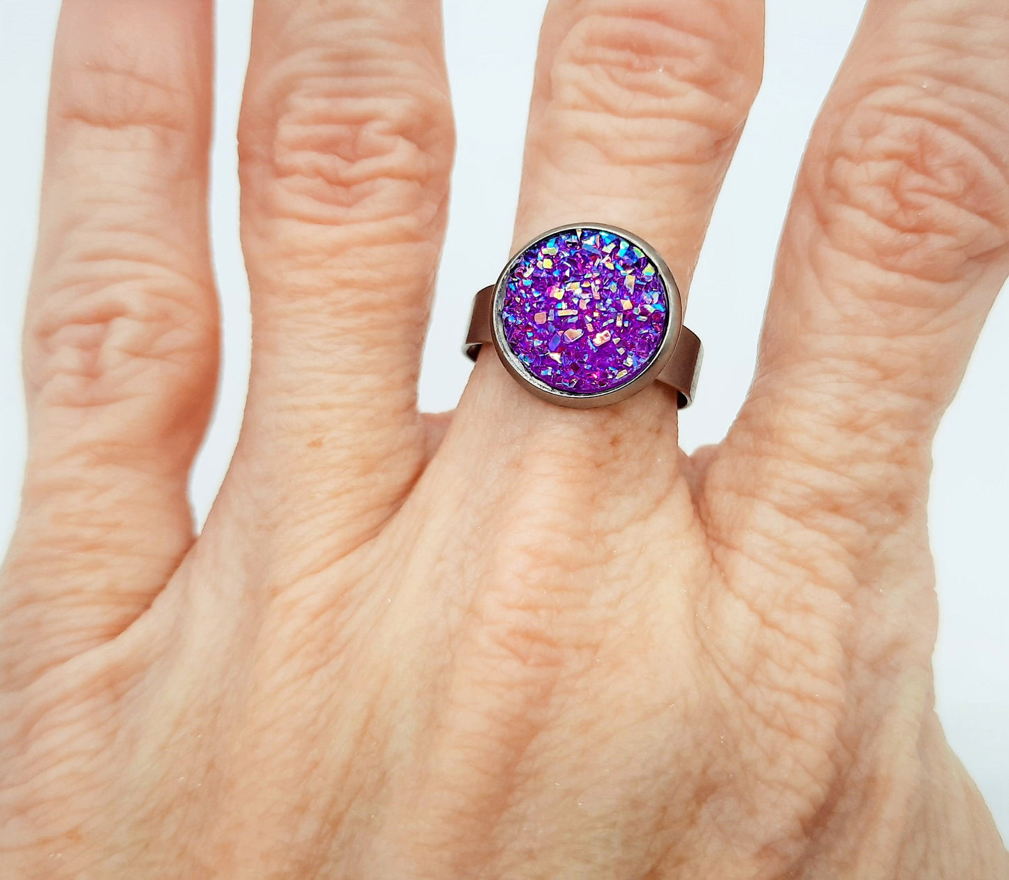 Iridescent Druzy  Stainless Steel Ring - Adjustable