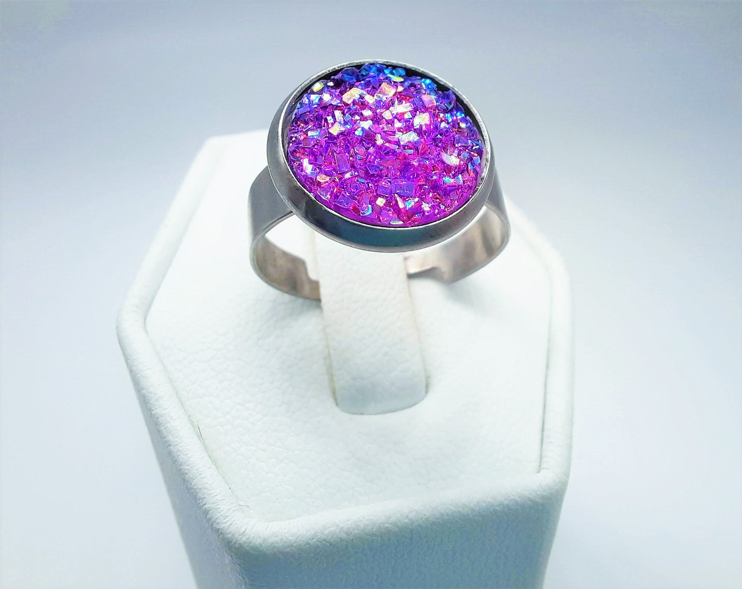 Iridescent Druzy  Stainless Steel Ring - Adjustable