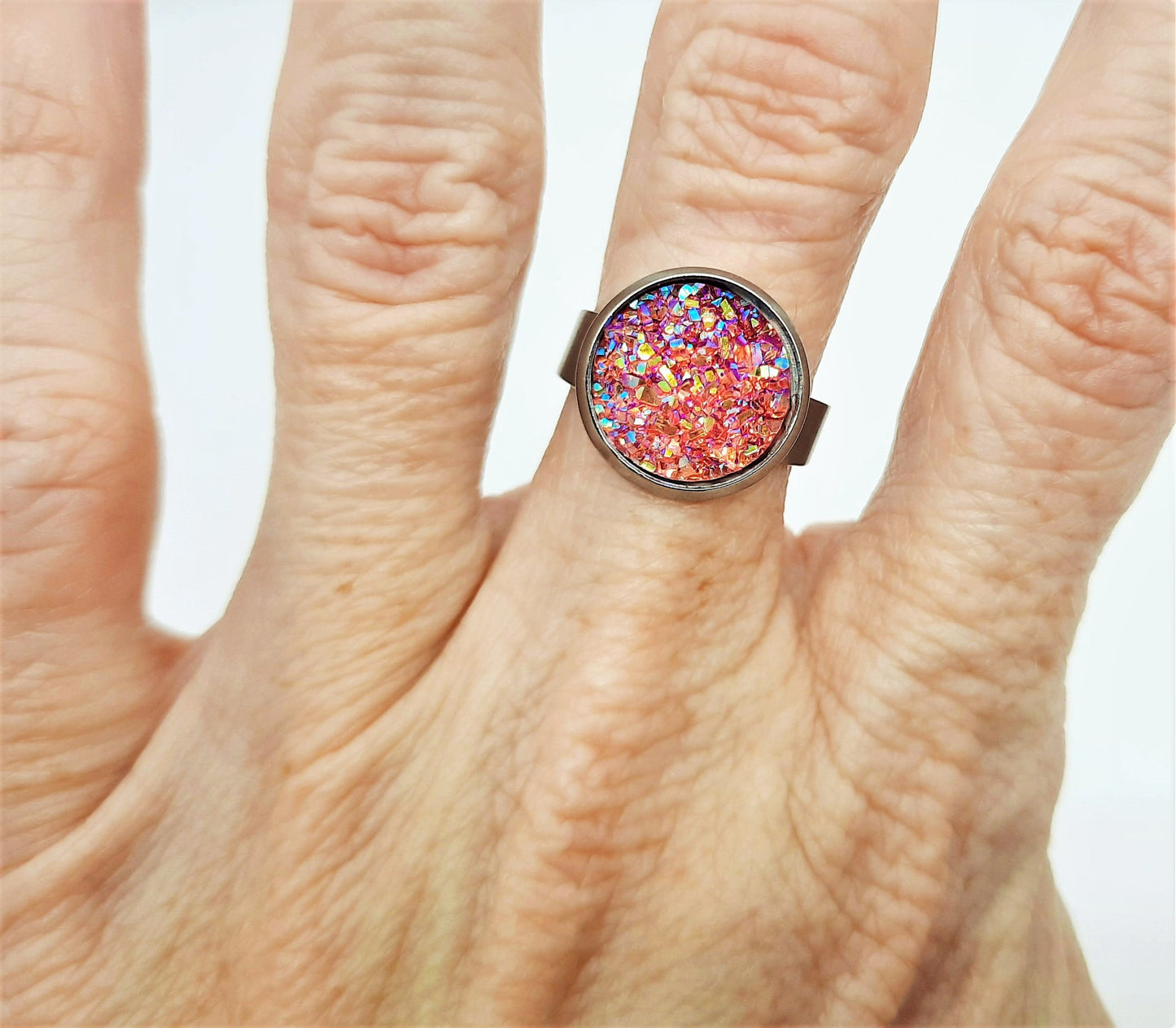Iridescent Druzy  Stainless Steel Ring - Adjustable