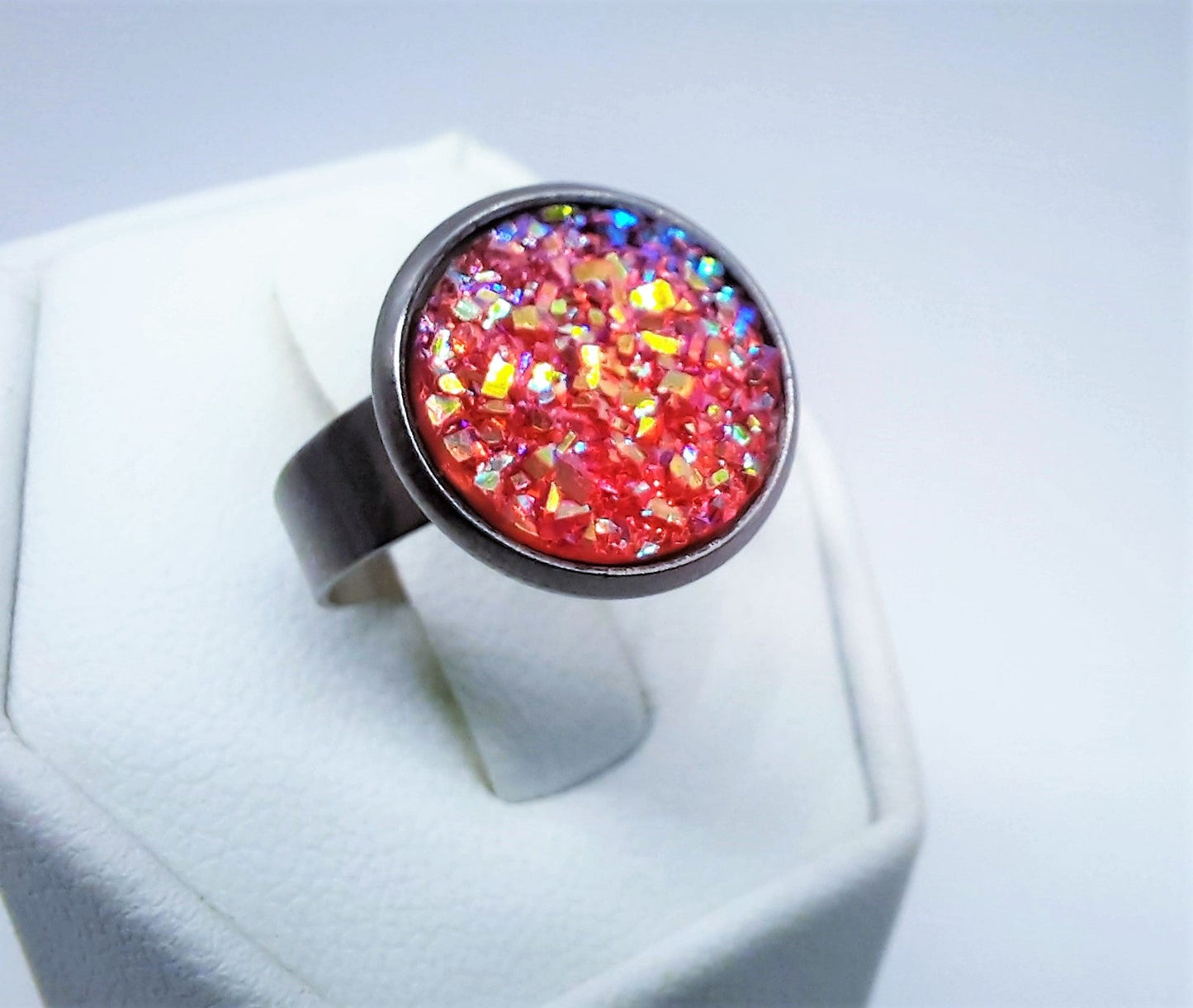 Iridescent Druzy  Stainless Steel Ring - Adjustable