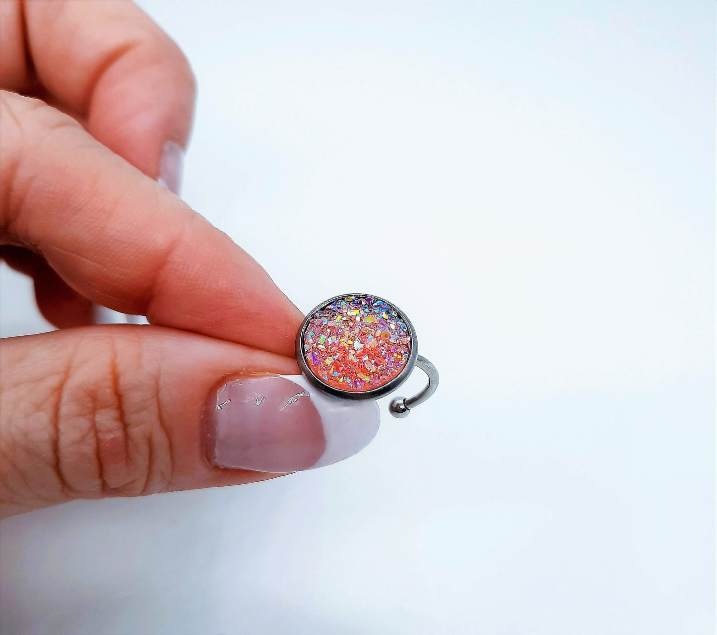 Druzy Stone Stainless Steel Cuff Ring, Size 7