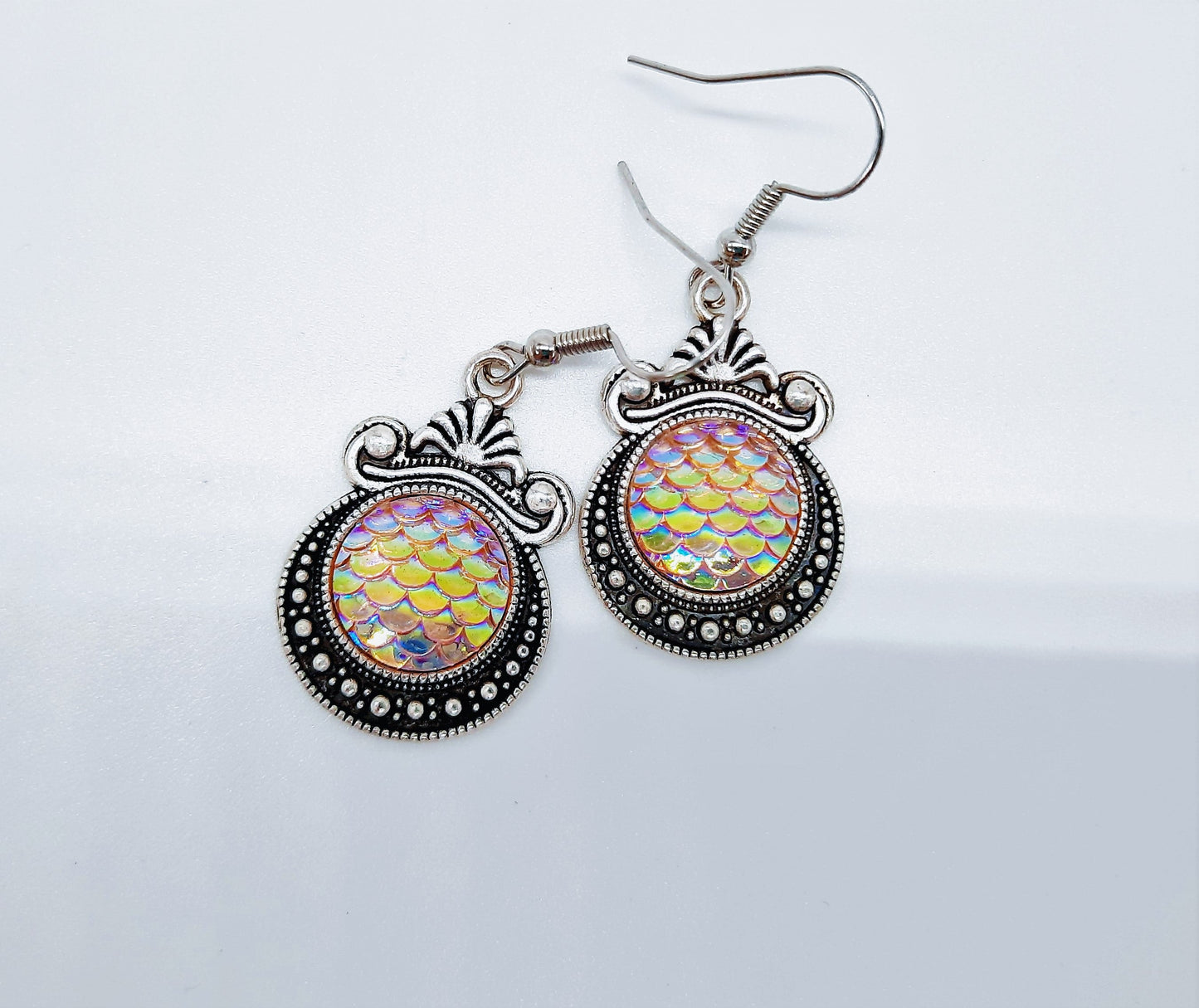 Iridescent Mermaid Scale Tibetan Earrings