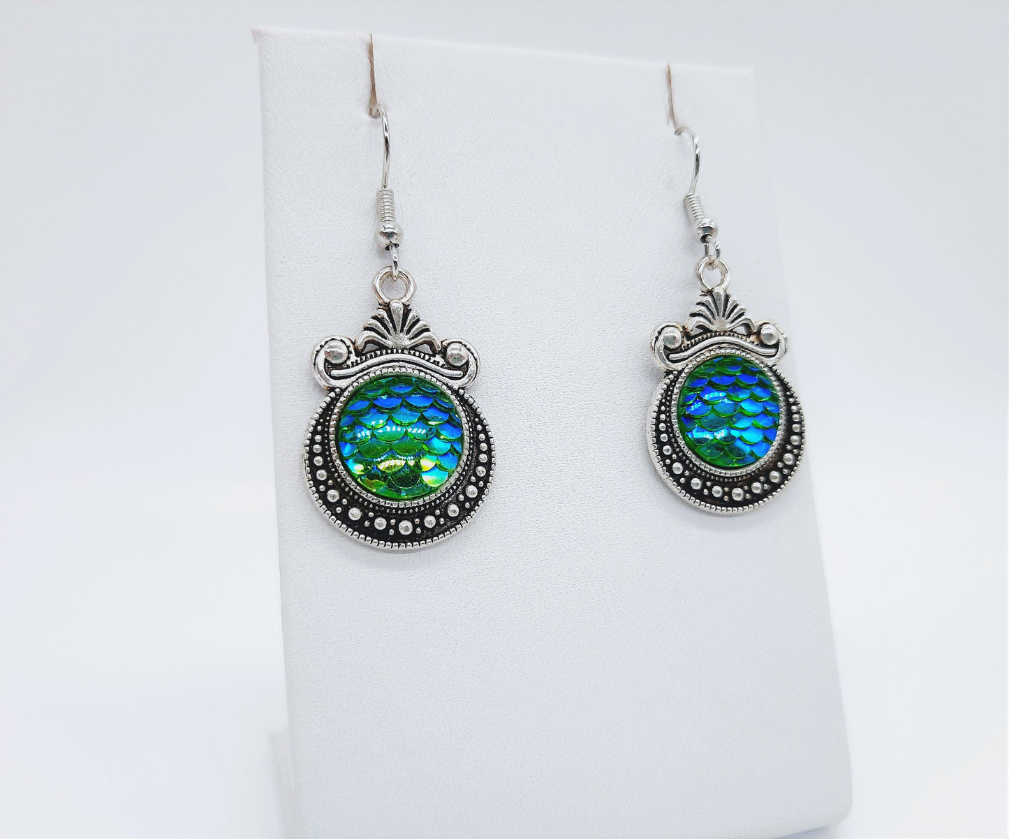 Iridescent Mermaid Scale Tibetan Earrings