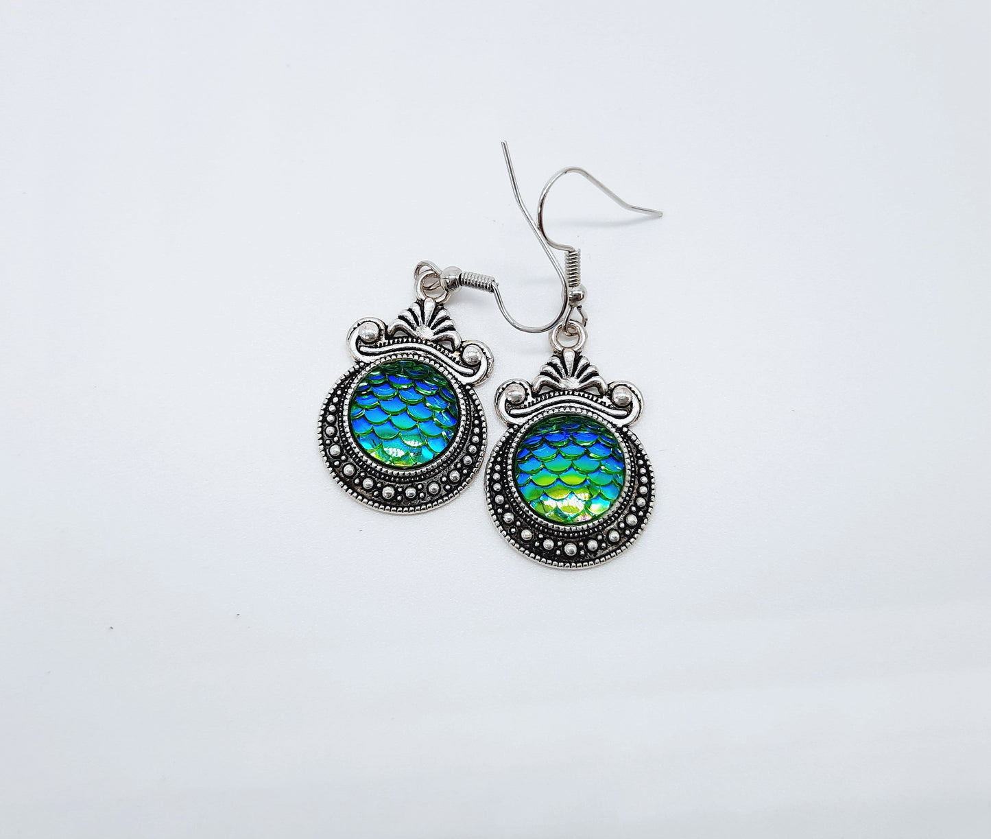 Iridescent Mermaid Scale Tibetan Earrings