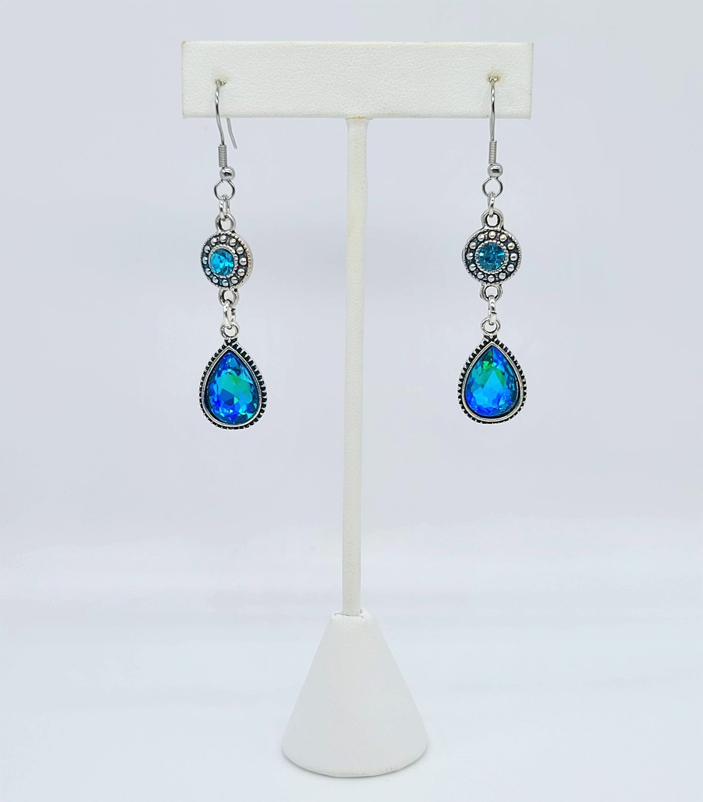 Antiqued Silver Teal Blue Rhinestone Teardrop Earrings
