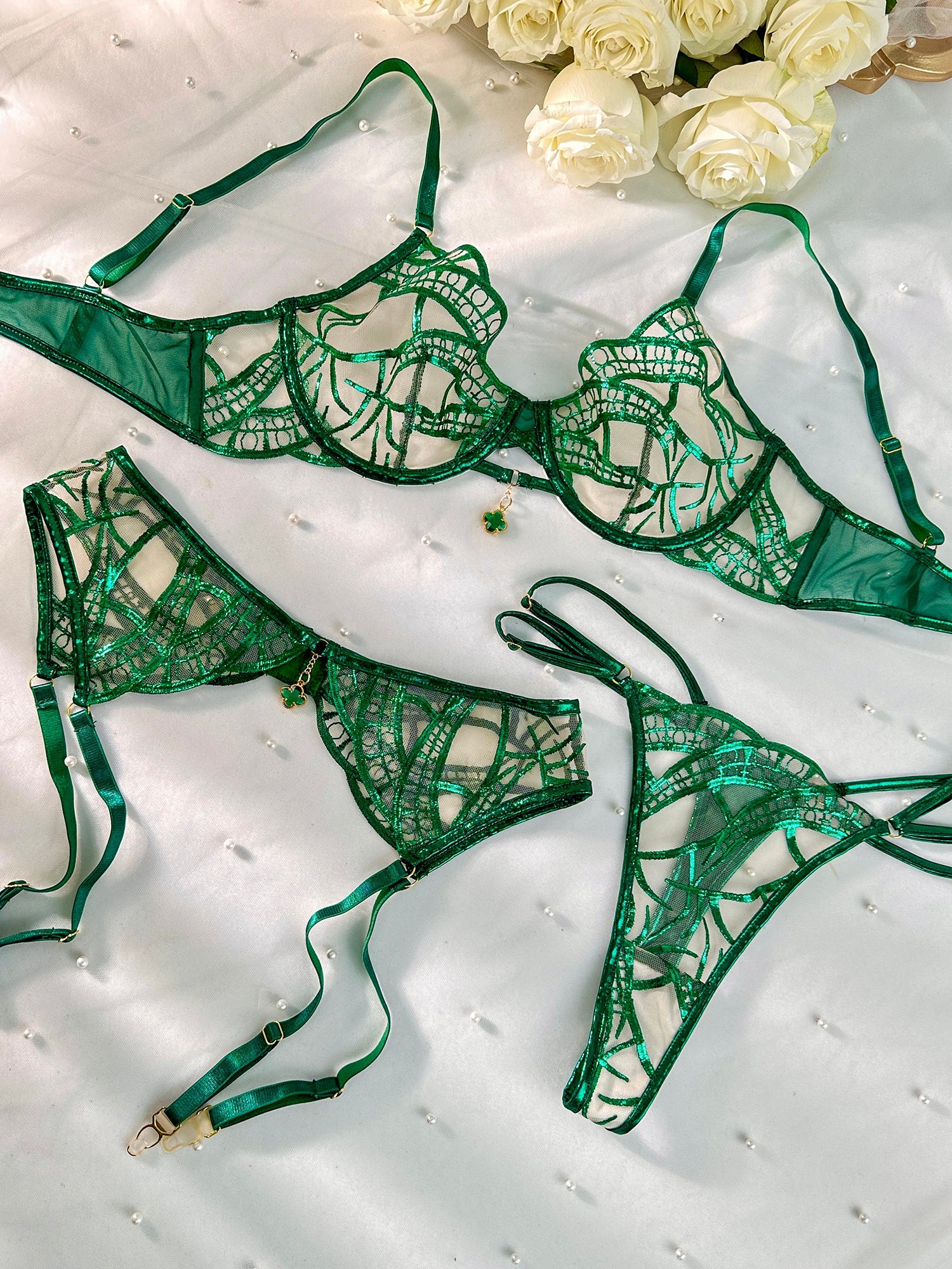 Luxe Green Metallic Foil Lace Lingerie Set - Concordia Style Boutique