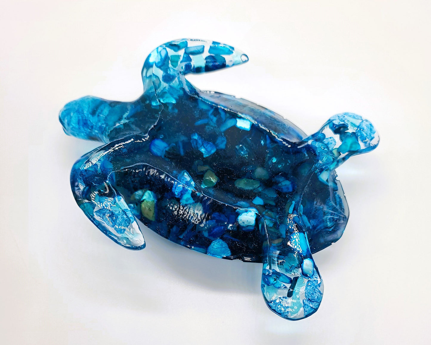 Resin Sea Turtle Figurine - Made w/ Blue Seaglass/Seashells