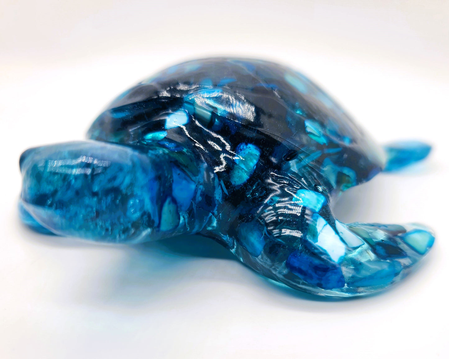 Resin Sea Turtle Figurine - Made w/ Blue Seaglass/Seashells