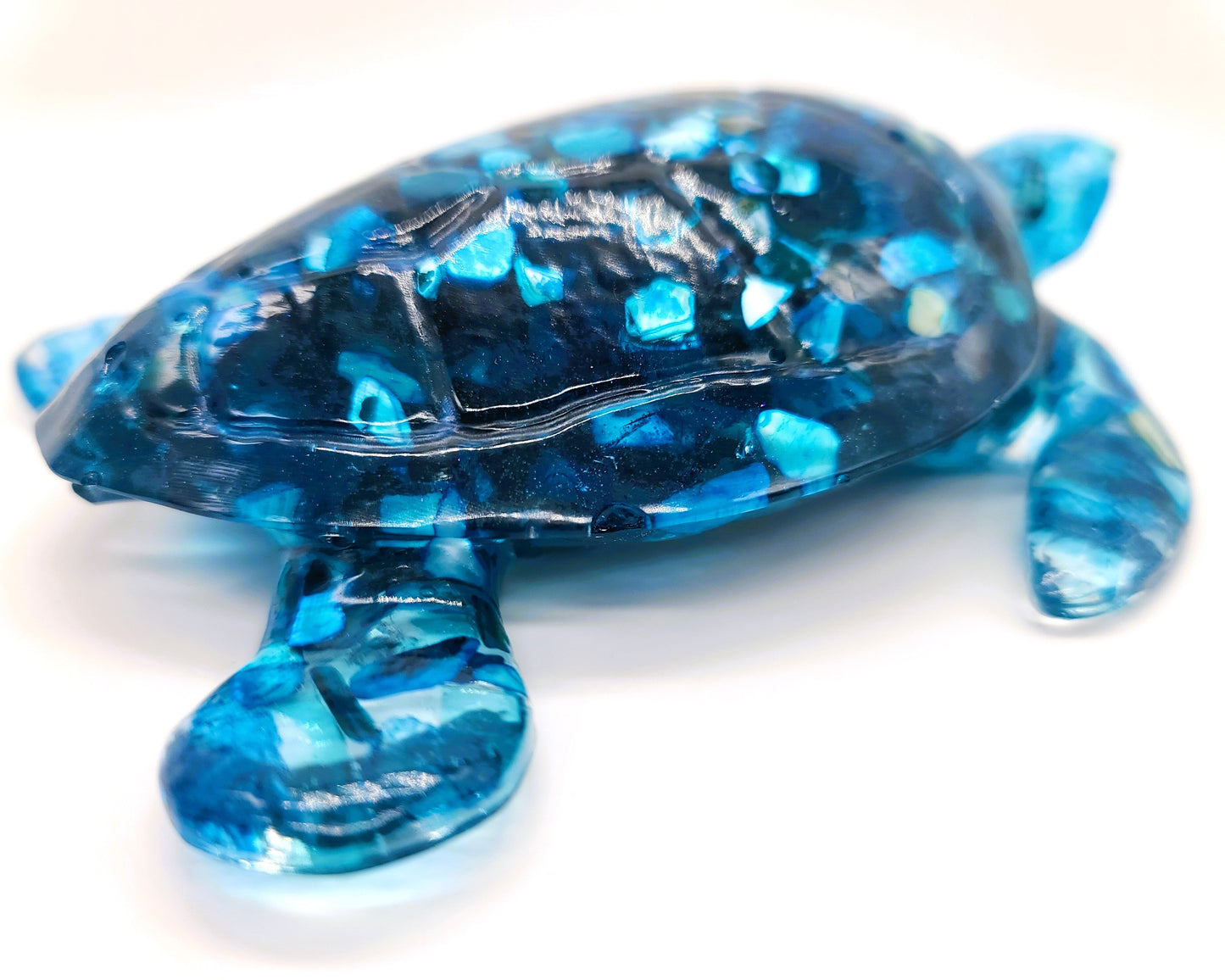 Resin Sea Turtle Figurine - Made w/ Blue Seaglass/Seashells