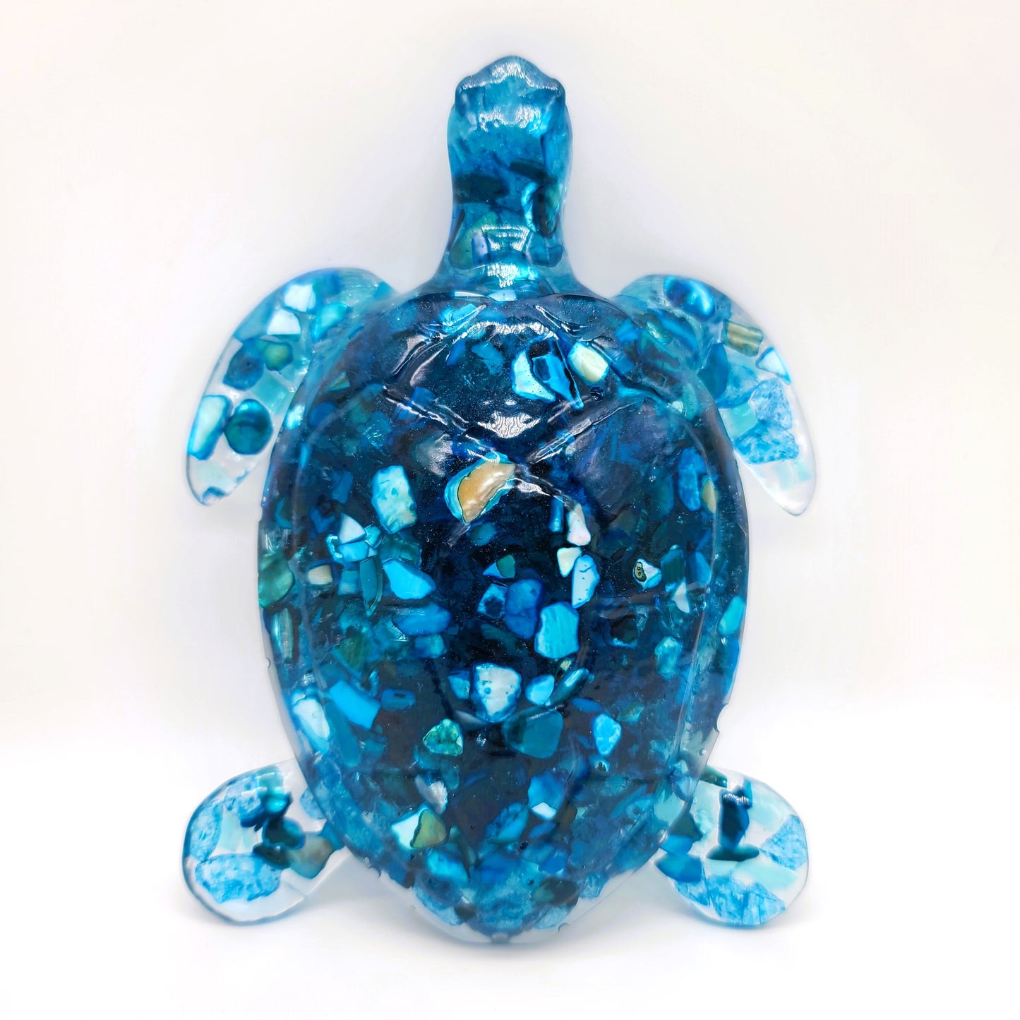 Resin Sea Turtle Figurine - Made w/ Blue Seaglass/Seashells