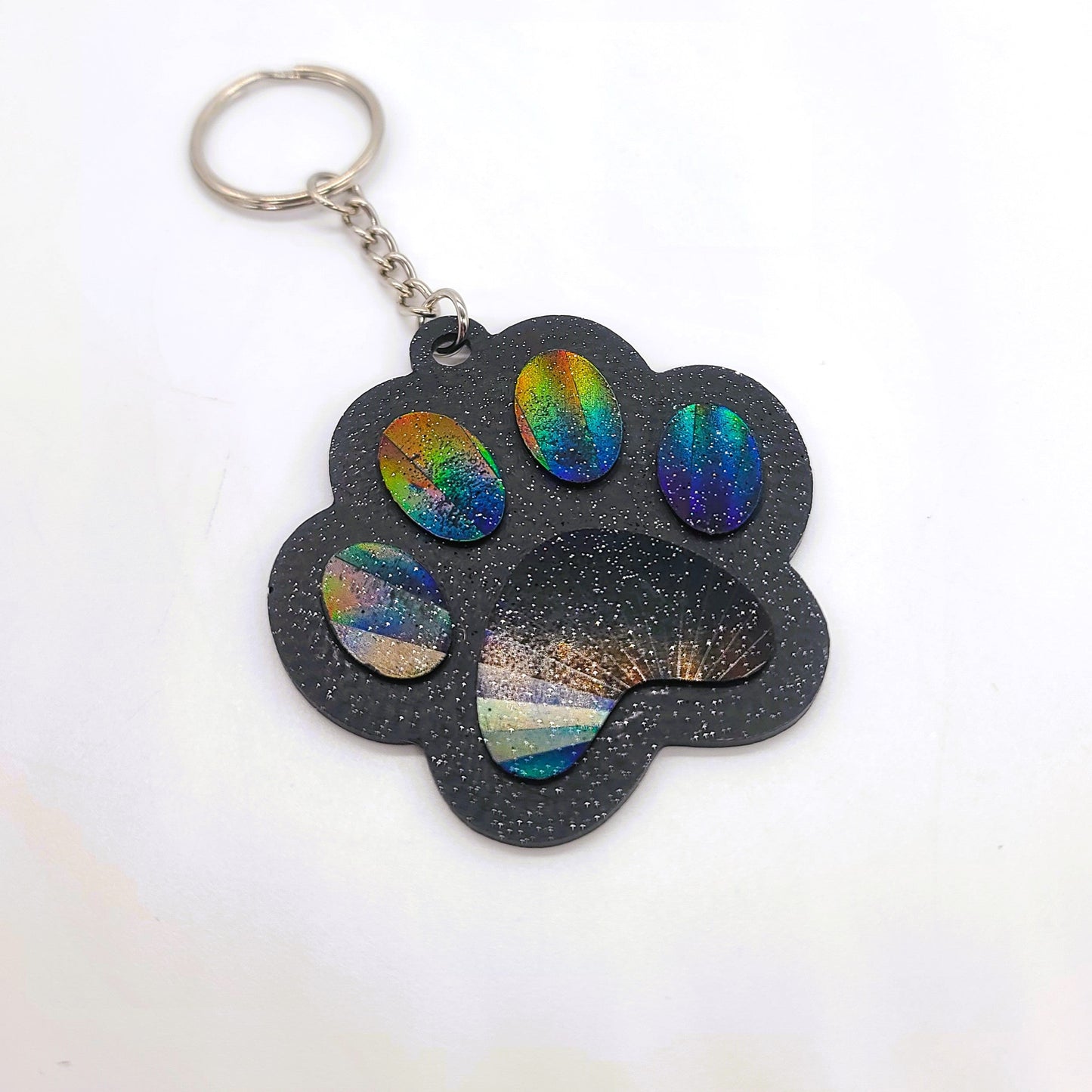 Holographic Dog Paw Heart Key Chain - Eco-Friendly Resin