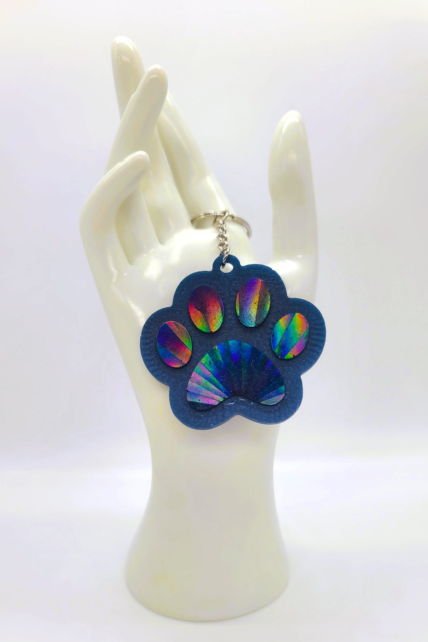 Holographic Dog Paw Heart Key Chain - Eco-Friendly Resin
