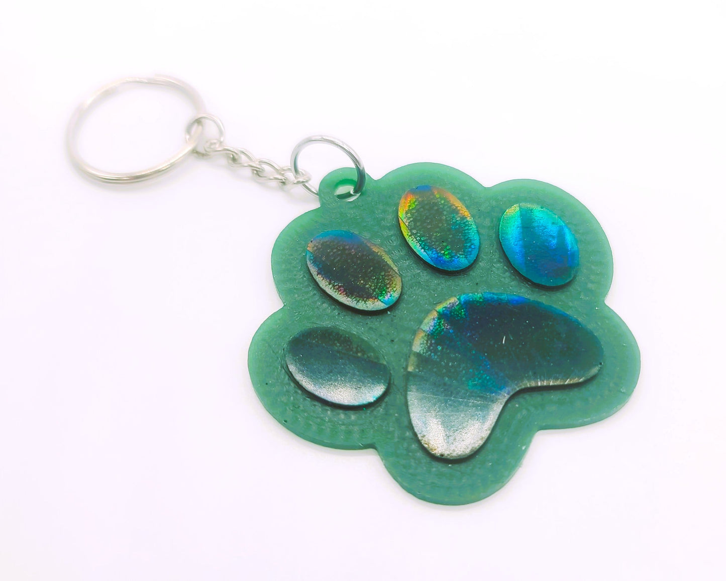 Holographic Dog Paw Heart Key Chain - Eco-Friendly Resin