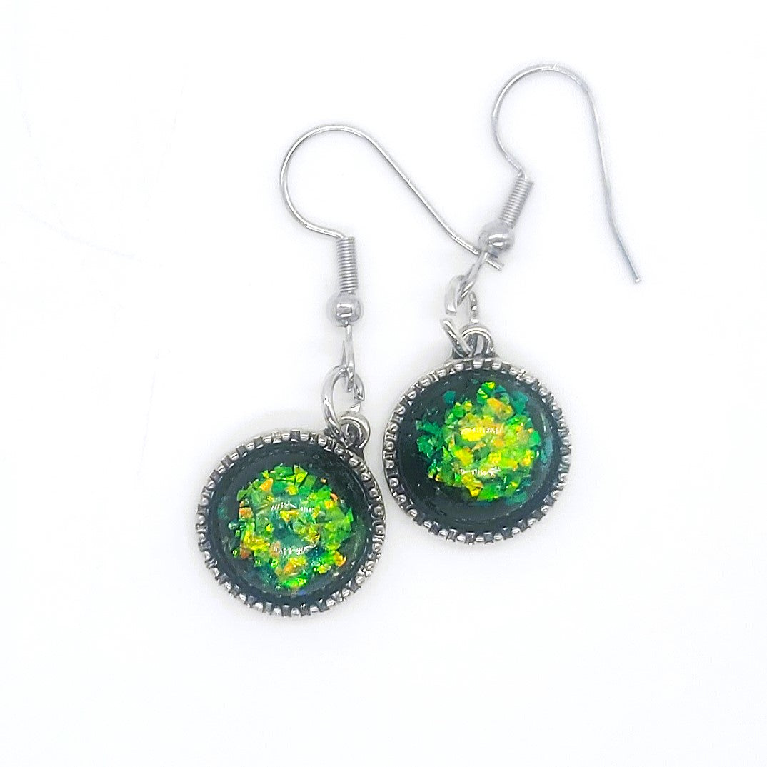 Intricate Black Opal (like) Sparkle Pendant Earrings