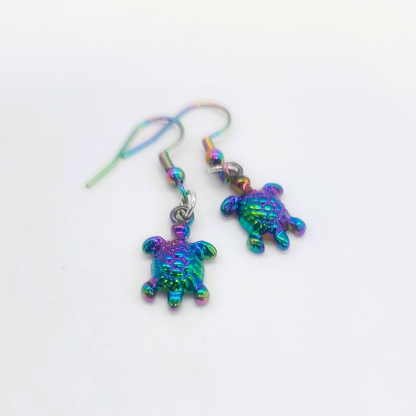 Rainbow Chromium Iridescent Tiny Sea Turtle Dangle Earrings