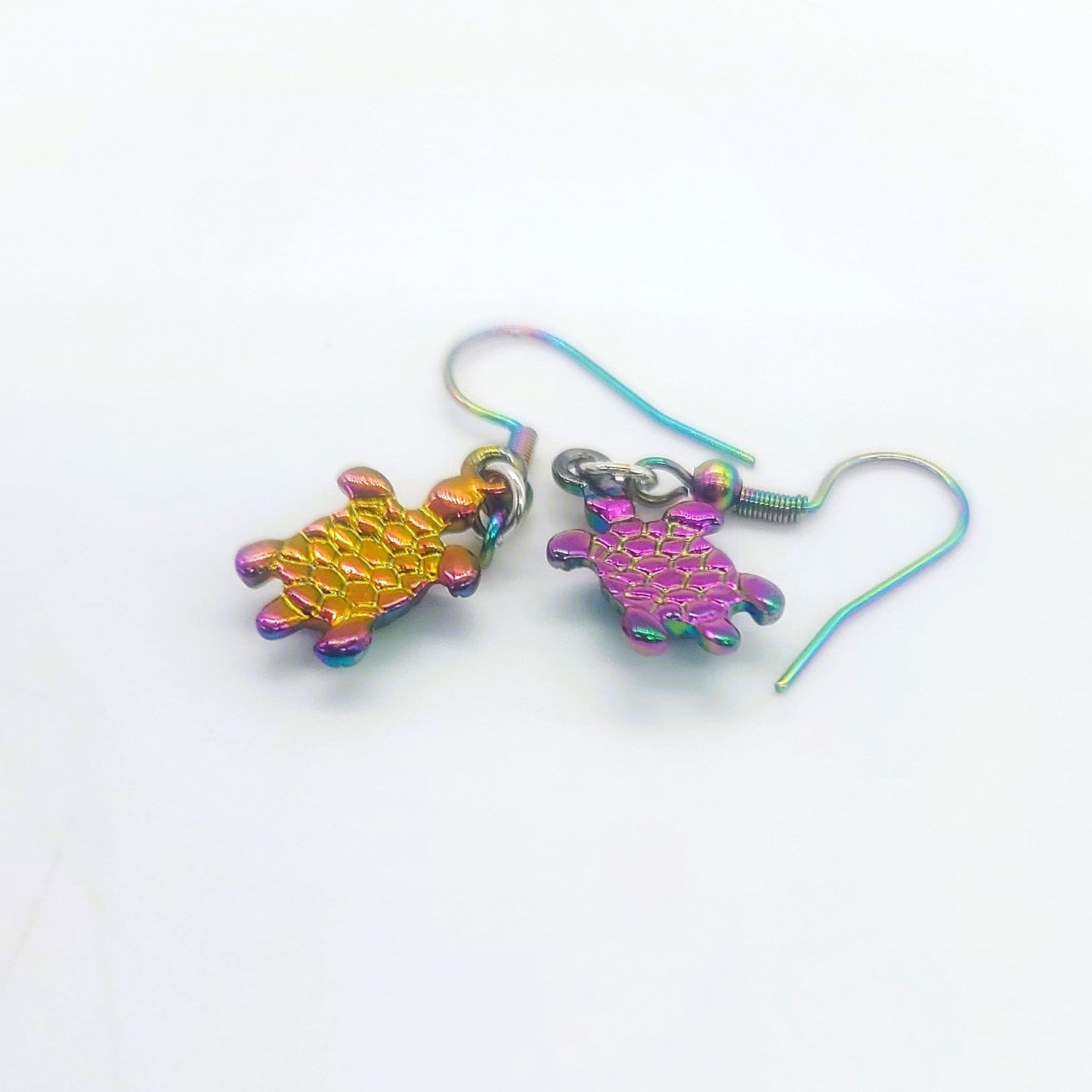 Rainbow Chromium Iridescent Tiny Sea Turtle Dangle Earrings
