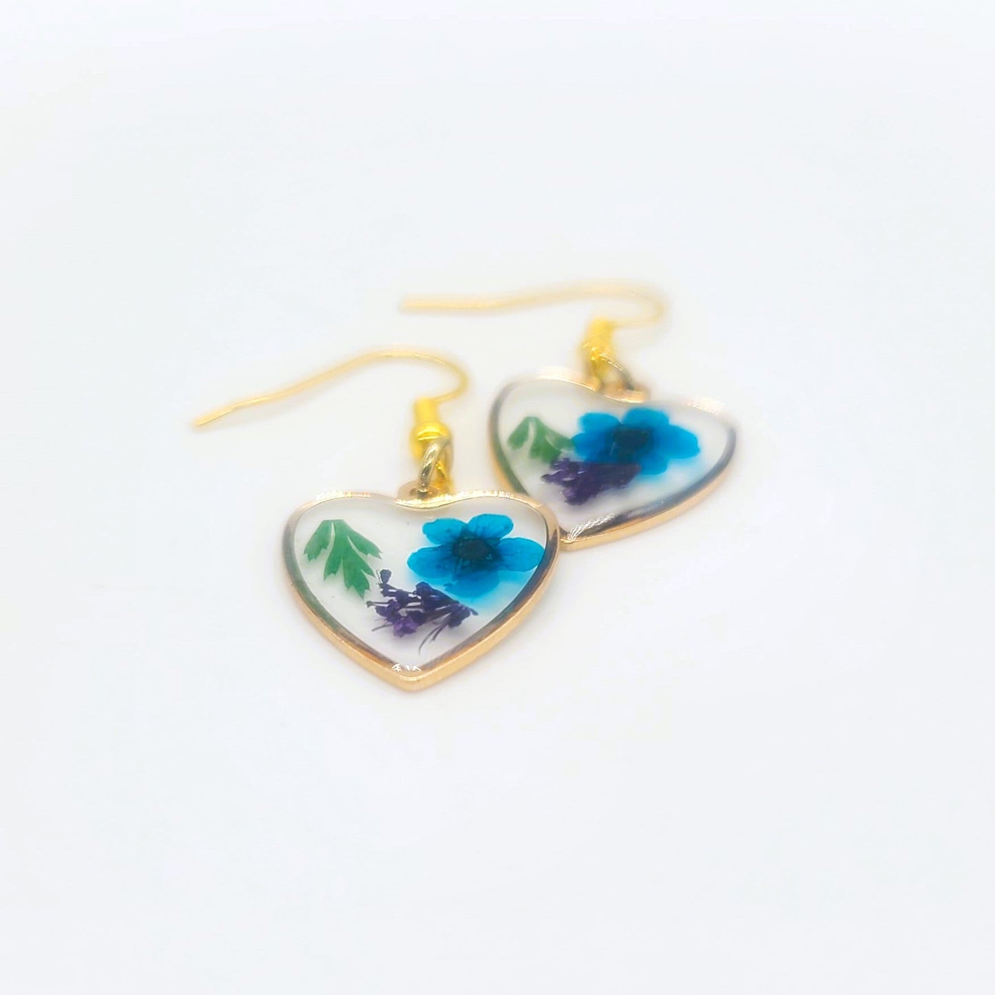 Pressed Flower in Resin Heart Earrings