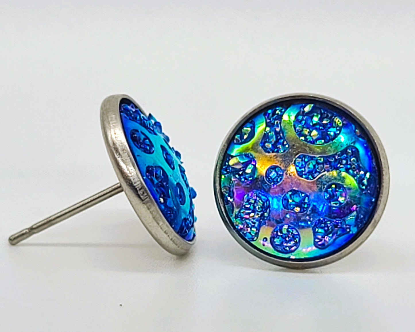 Iridescent Abstract Pattern Druzy Stone Post Earrings