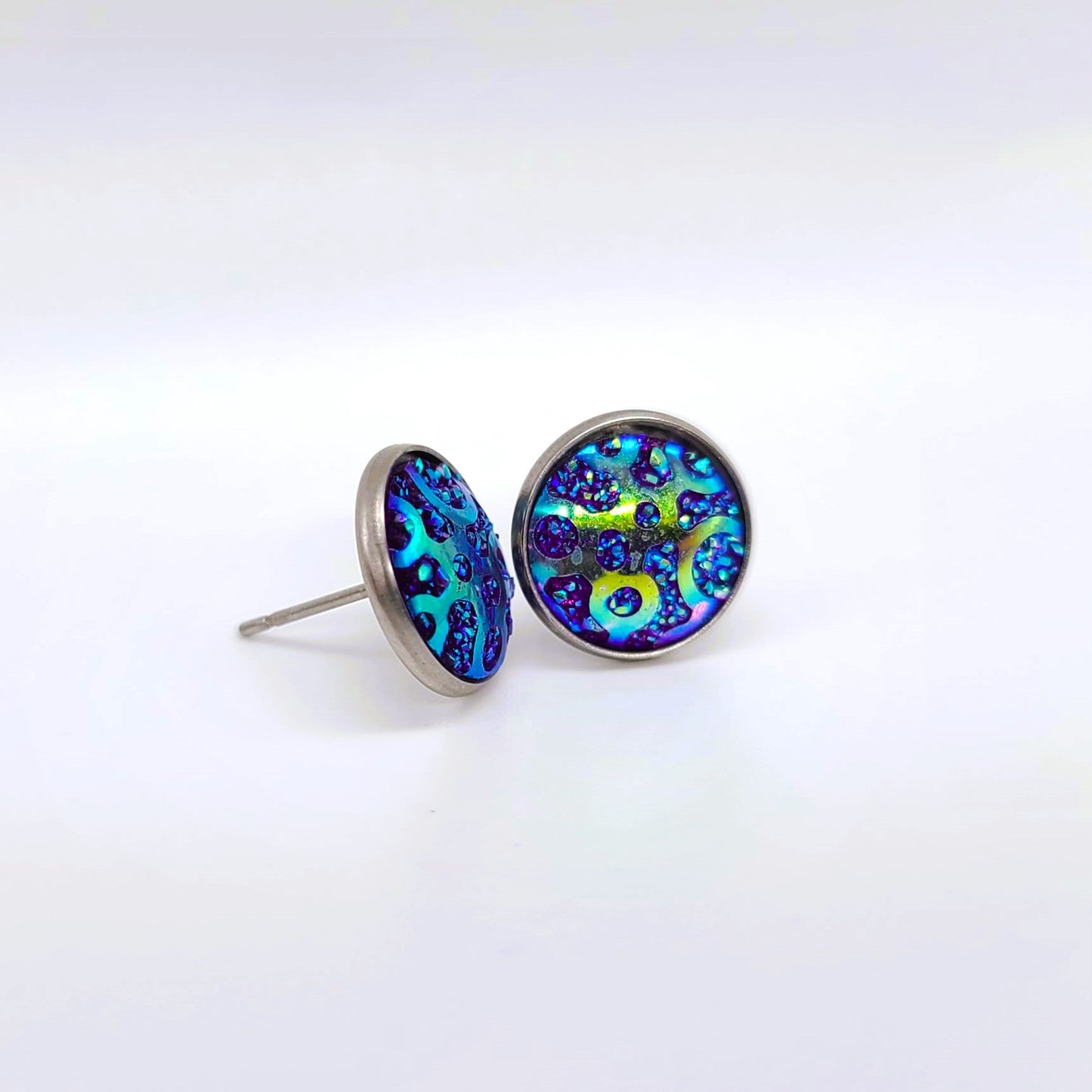 Iridescent Abstract Pattern Druzy Stone Post Earrings
