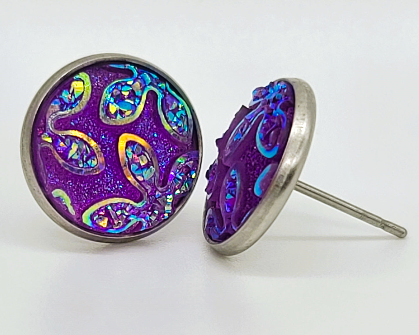 Iridescent Flower Pattern Druzy Stone Post Earrings