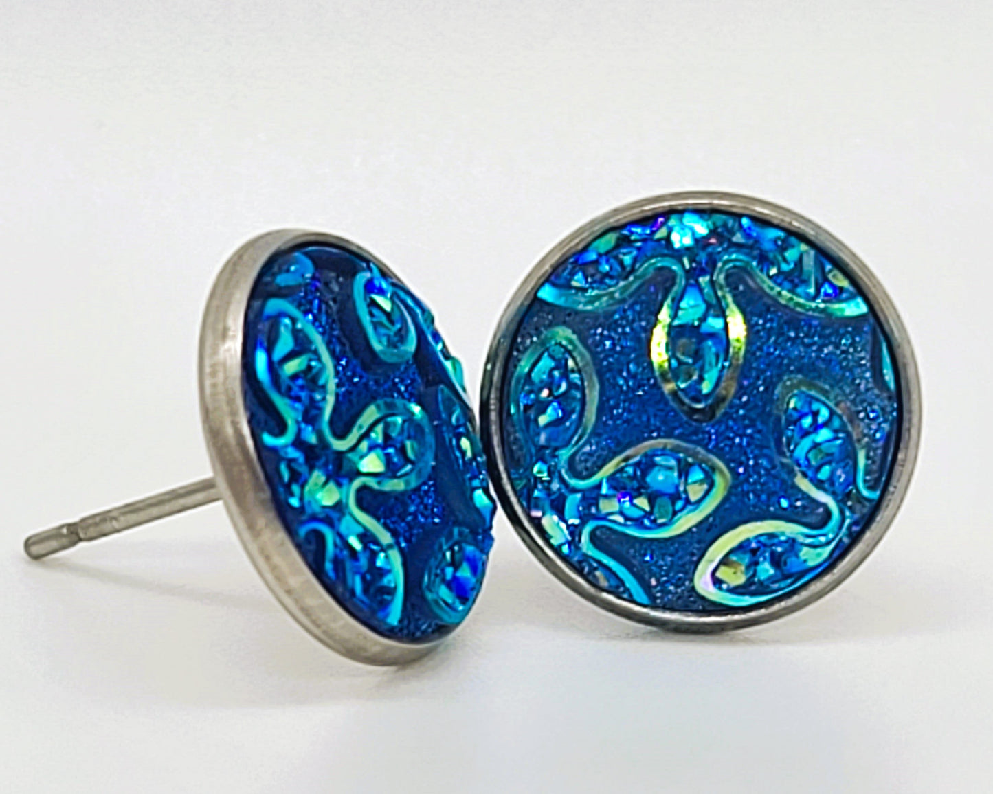 Iridescent Flower Pattern Druzy Stone Post Earrings