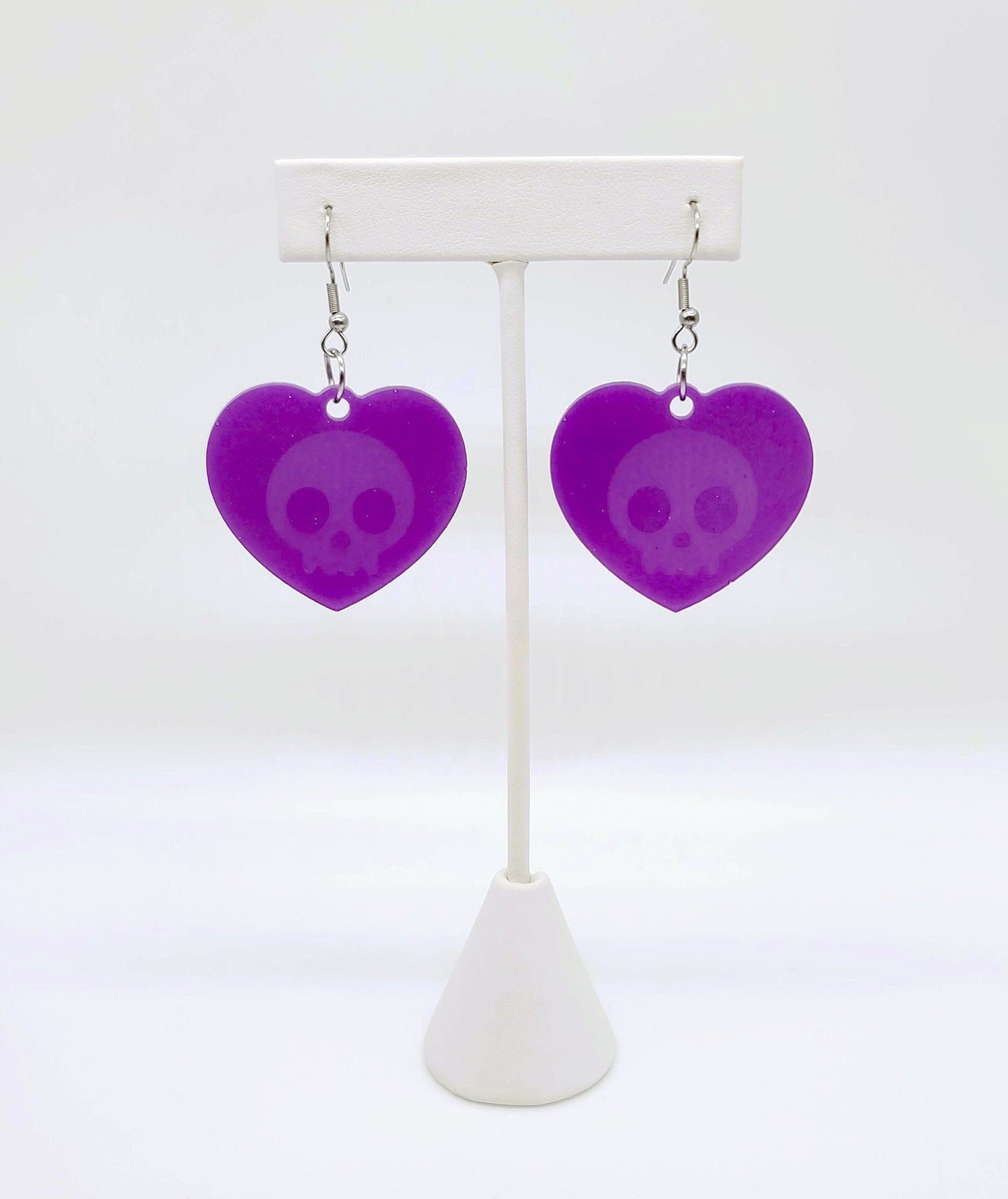 Holographic Halloween Skull Heart Shaped Earrings - Eco-Friendly Resin