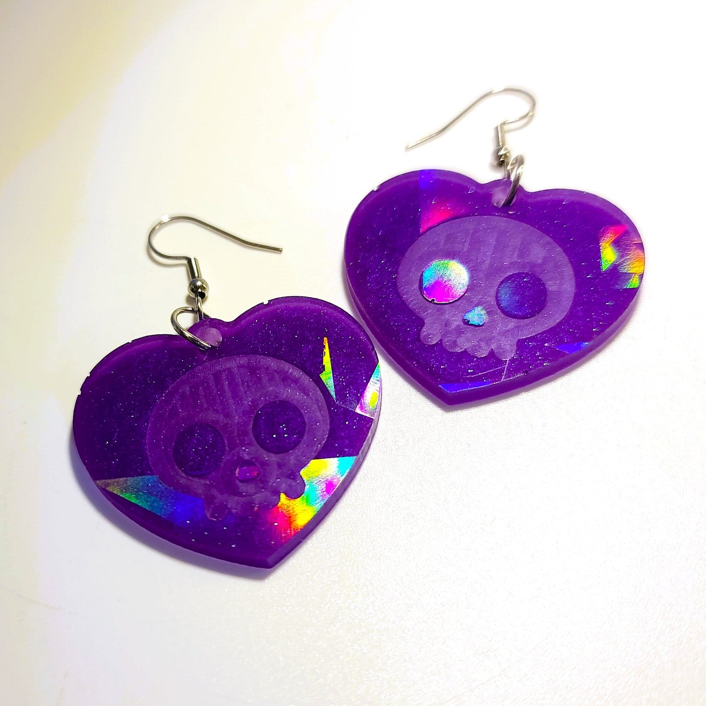 Holographic Halloween Skull Heart Shaped Earrings - Eco-Friendly Resin