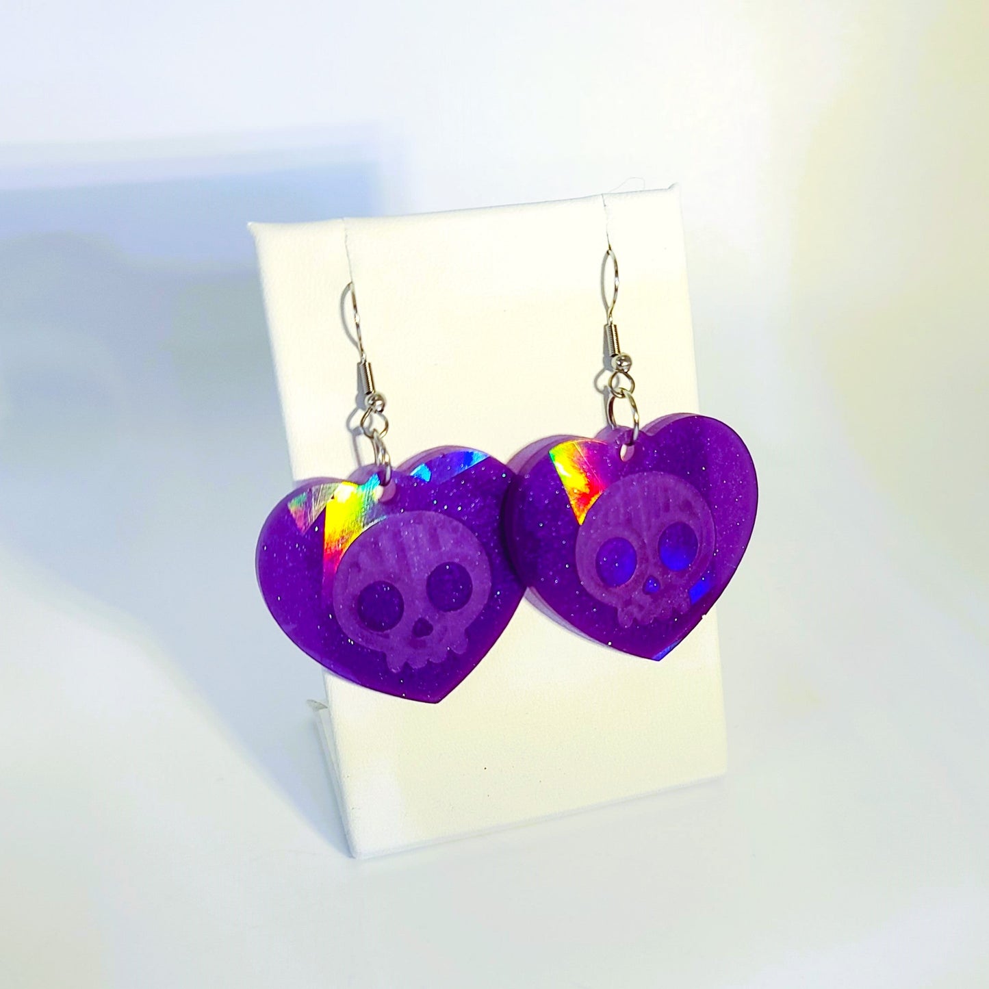 Holographic Halloween Skull Heart Shaped Earrings - Eco-Friendly Resin