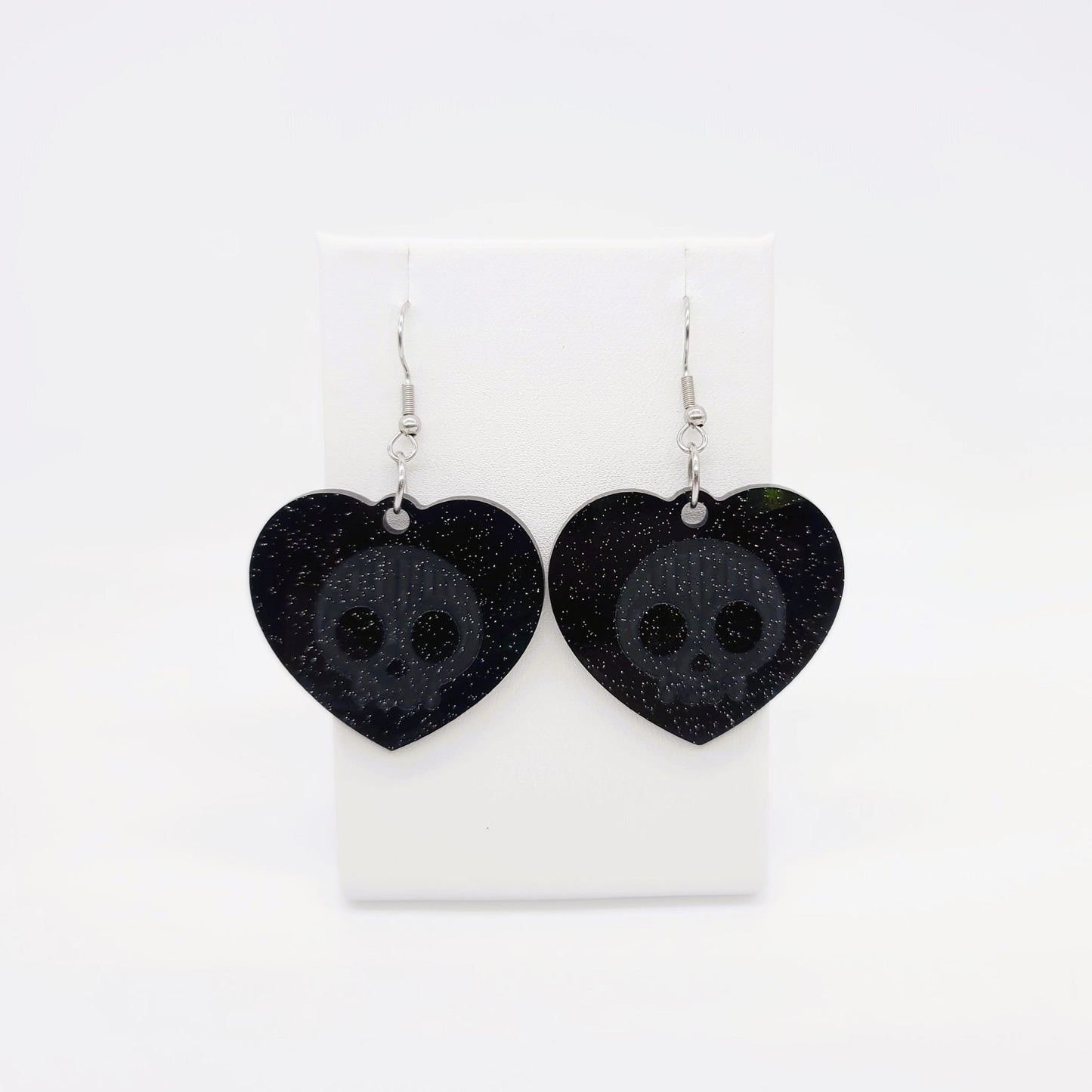 Holographic Halloween Skull Heart Shaped Earrings - Eco-Friendly Resin