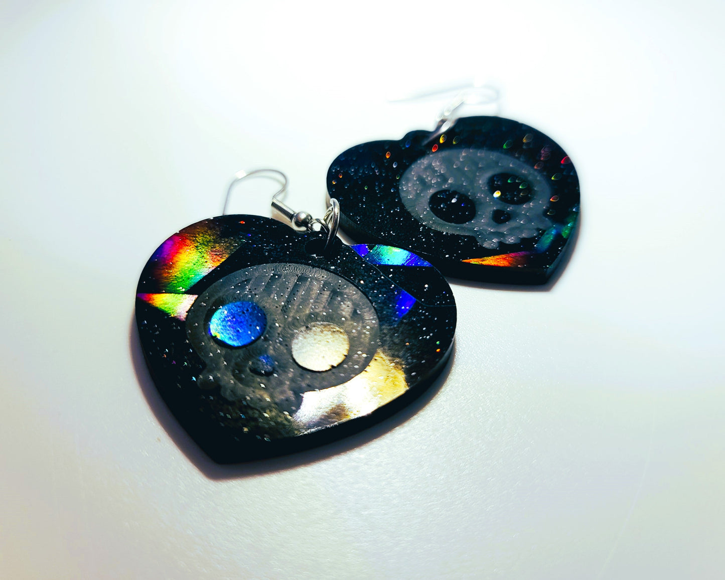 Holographic Halloween Skull Heart Shaped Earrings - Eco-Friendly Resin