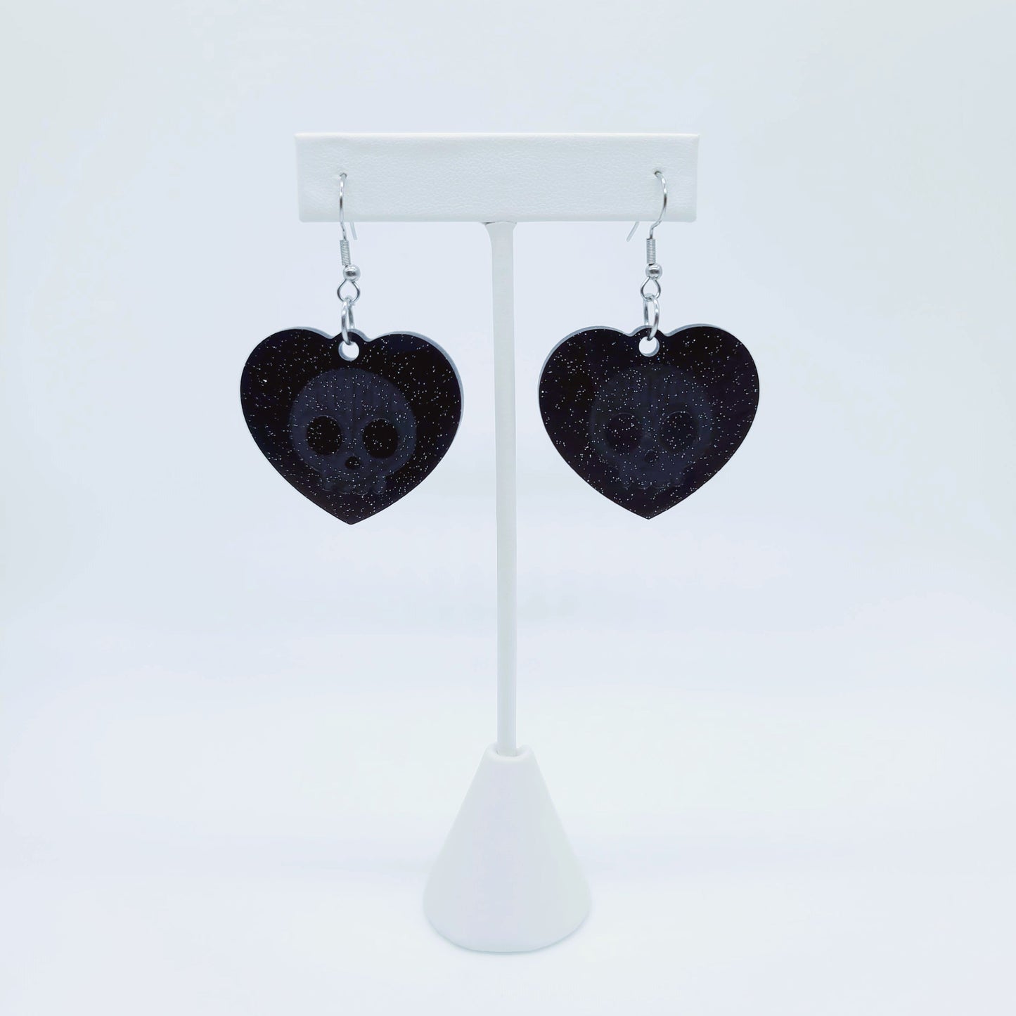 Holographic Halloween Skull Heart Shaped Earrings - Eco-Friendly Resin