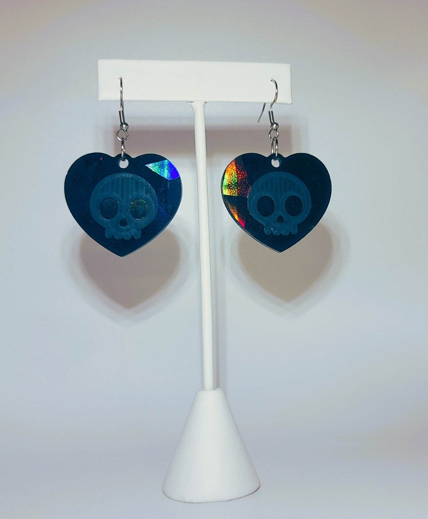 Holographic Halloween Skull Heart Shaped Earrings - Eco-Friendly Resin