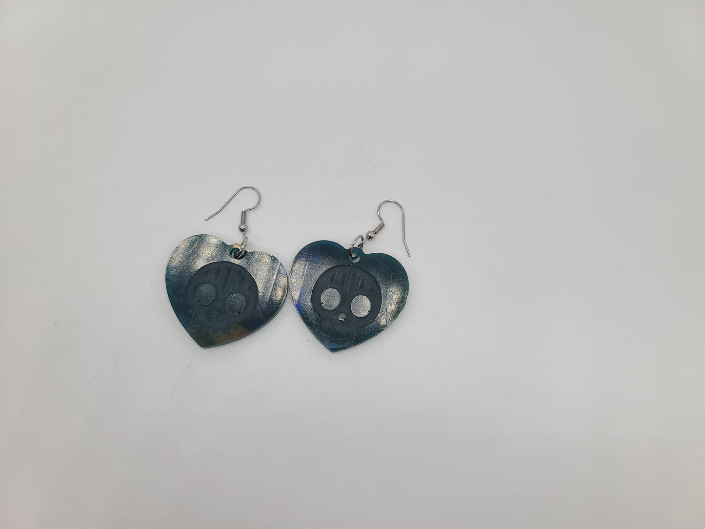 Holographic Halloween Skull Heart Shaped Earrings - Eco-Friendly Resin
