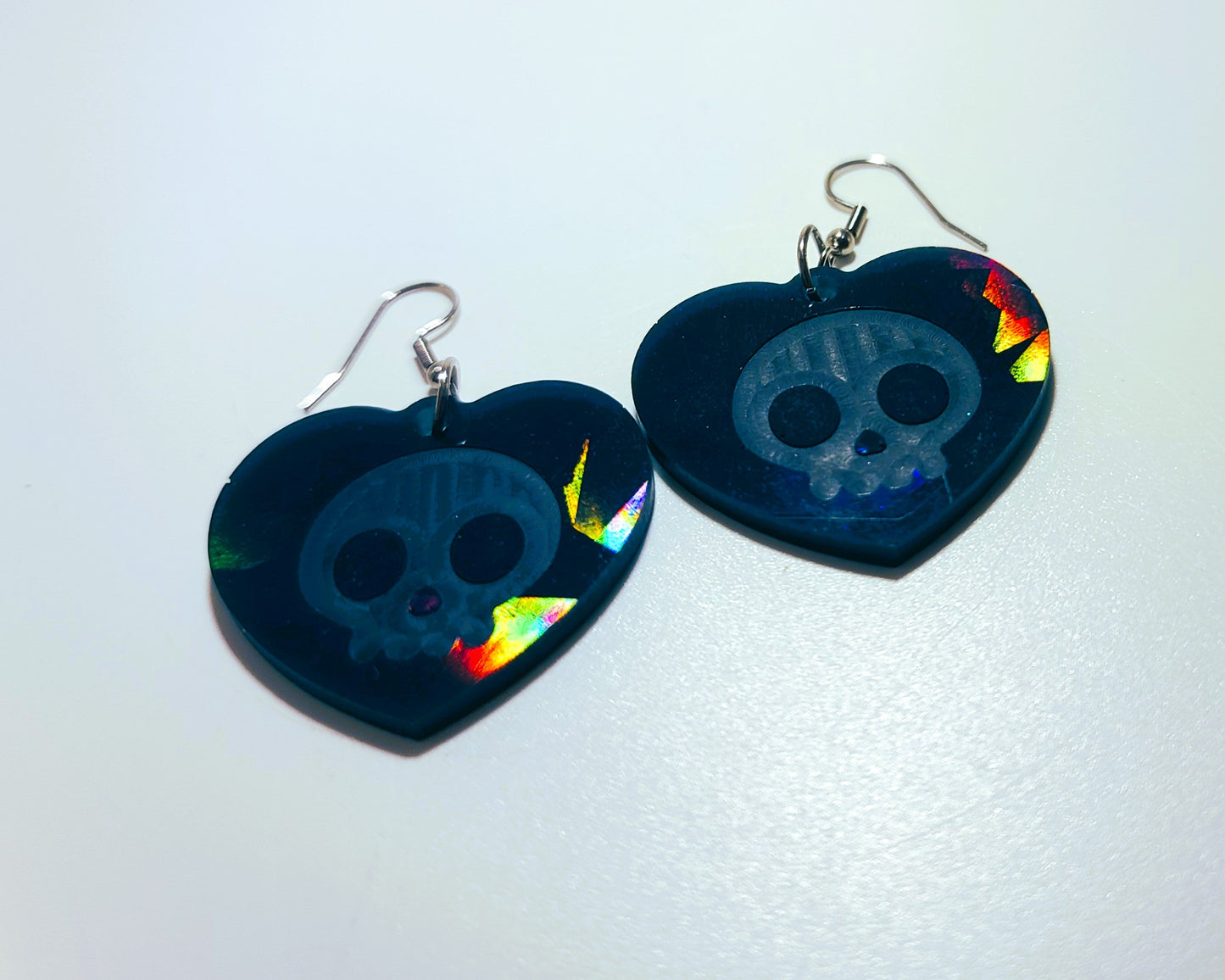 Holographic Halloween Skull Heart Shaped Earrings - Eco-Friendly Resin