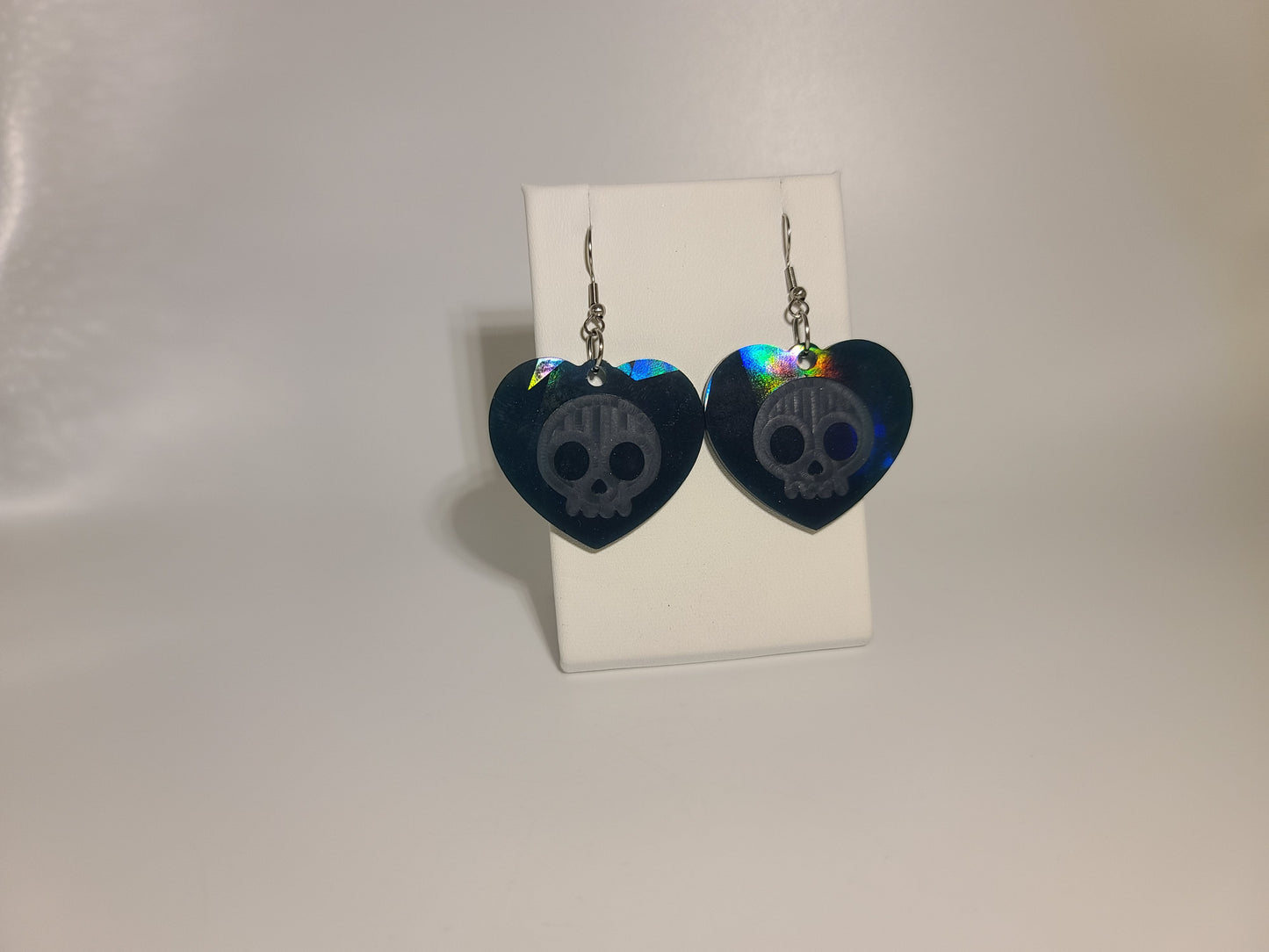 Holographic Halloween Skull Heart Shaped Earrings - Eco-Friendly Resin