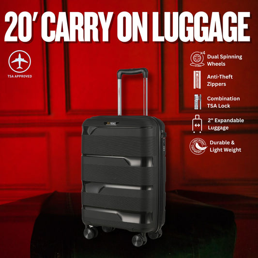 20-inch Black Carry-On Hardcase Roller Luggage with 360° Wheels