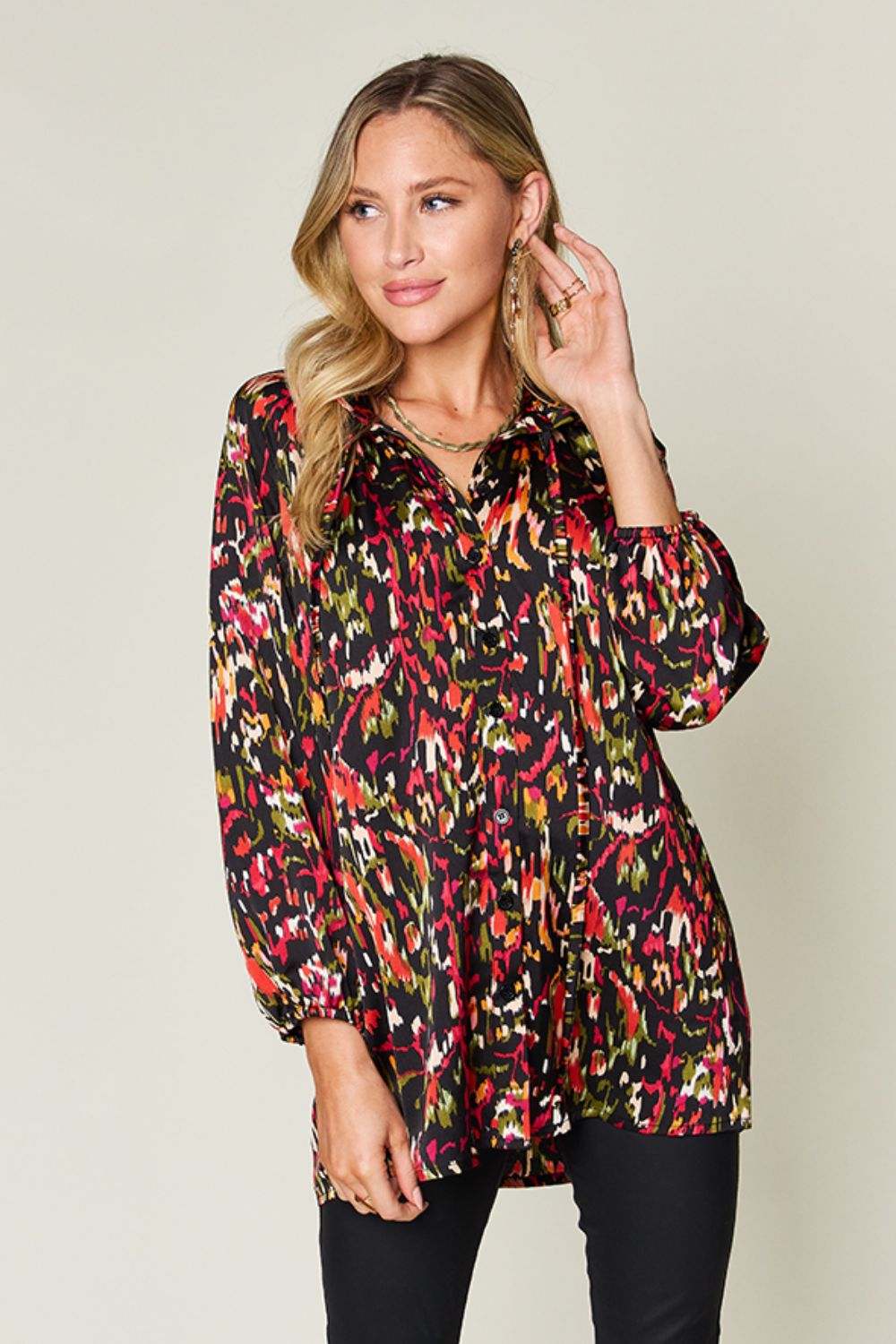Double Take Full Size Printed Button Up Long Sleeve Shirt - Concordia Style Boutique