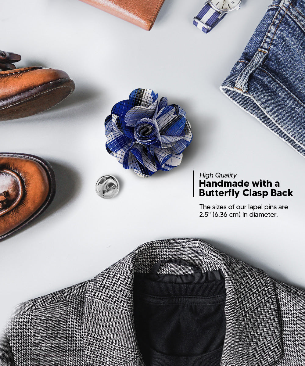 Vittorio Vico Unisex Metallic Silver Accent Plaid Flower Lapel Pin - Concordia Style Boutique