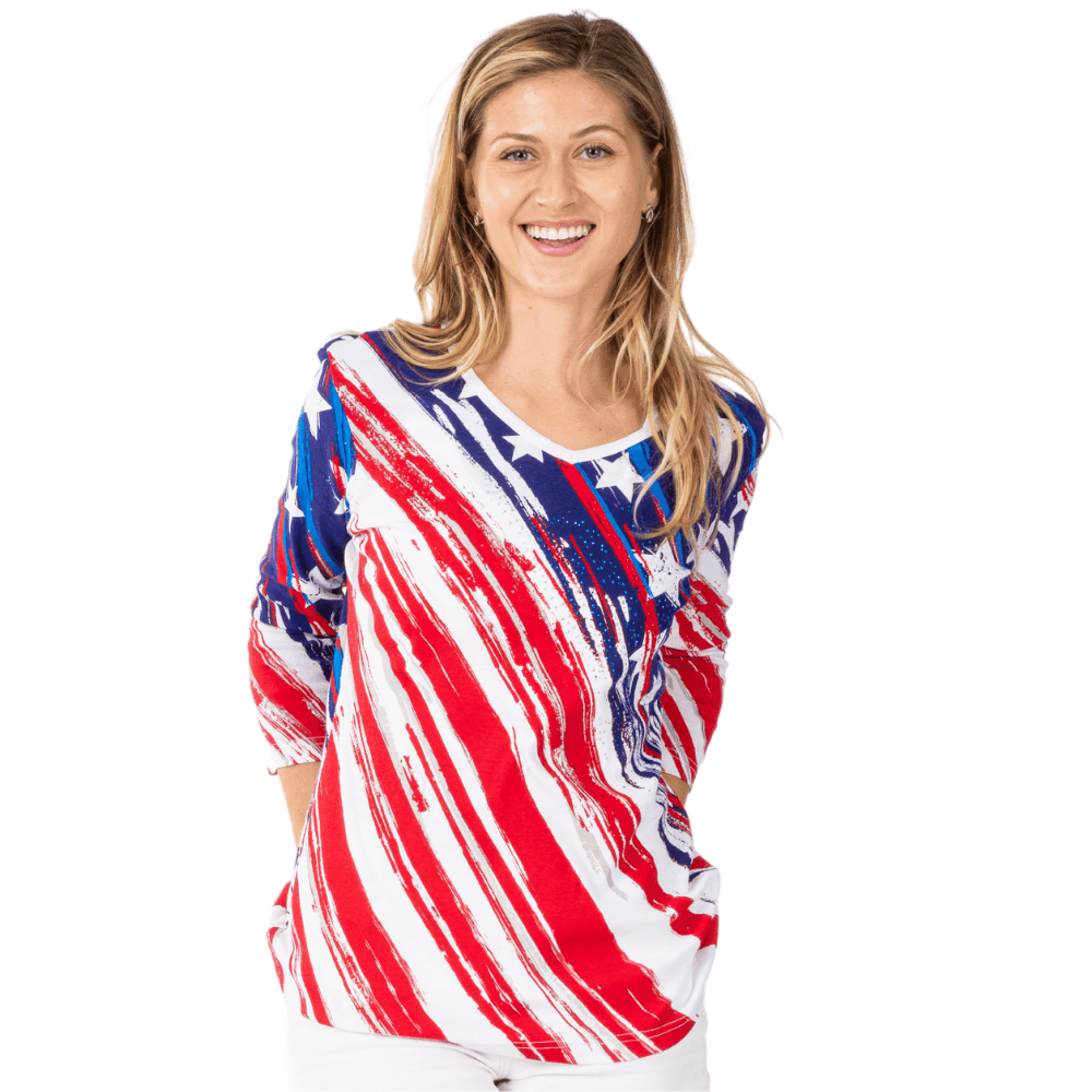 Women's Stars and Stripes American Flag 3/4 Sleeve Top - Concordia Style Boutique