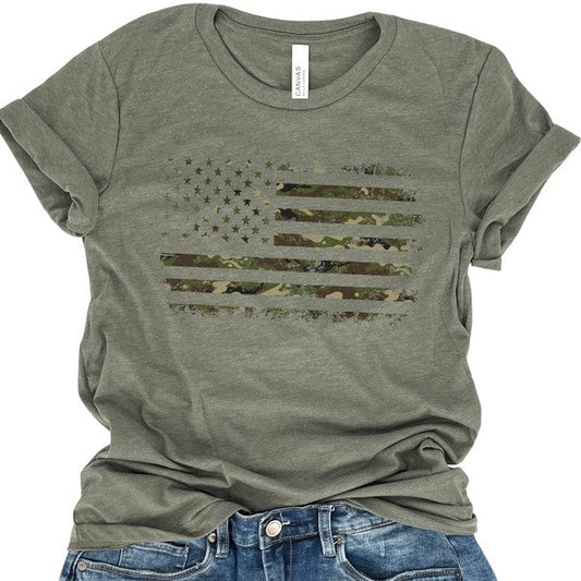 Camo Distressed American Flag T-shirt - Concordia Style Boutique